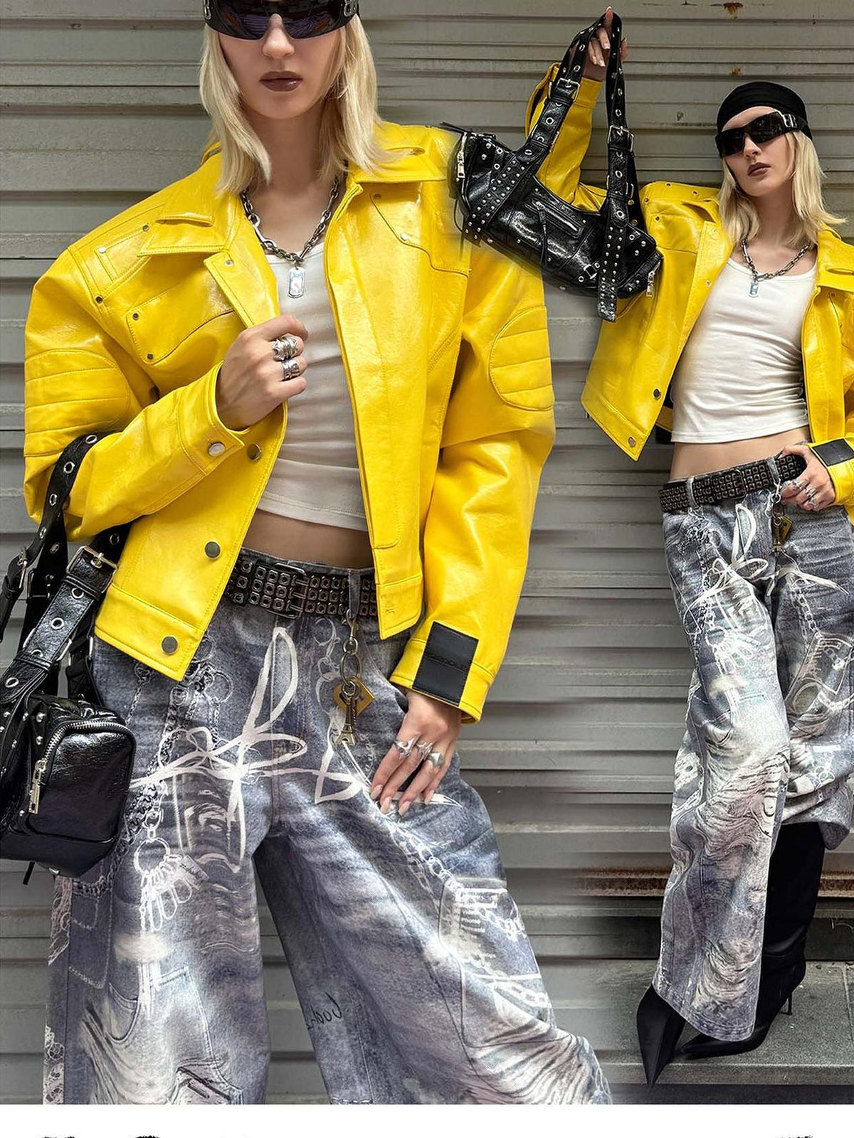 22 doodle Yellow Studded Padded Shoulder Loose Fit Women's Pu Leather Jackets