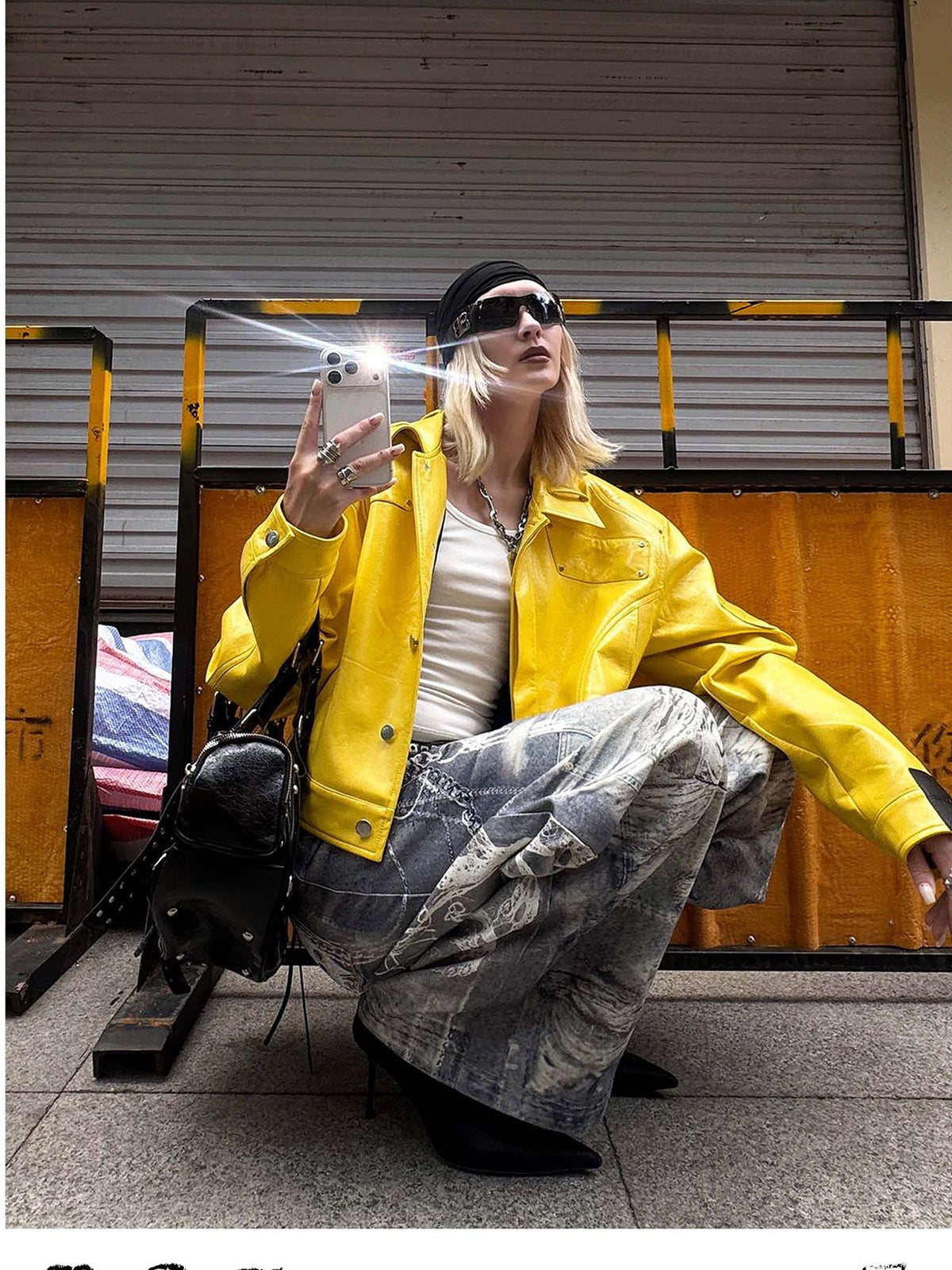 22 doodle Yellow Studded Padded Shoulder Loose Fit Women's Pu Leather Jackets