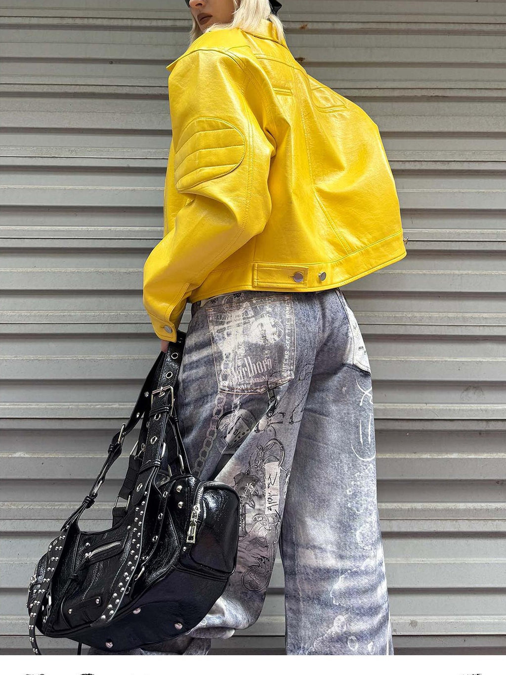 22 doodle Yellow Studded Padded Shoulder Loose Fit Women's Pu Leather Jackets