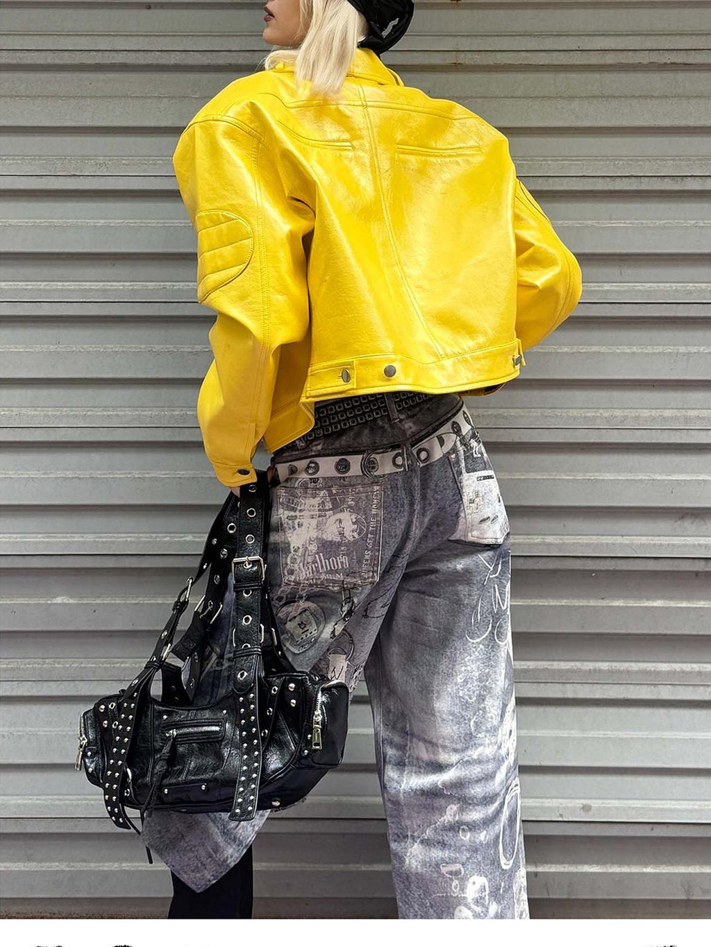 22 doodle Yellow Studded Padded Shoulder Loose Fit Women's Pu Leather Jackets