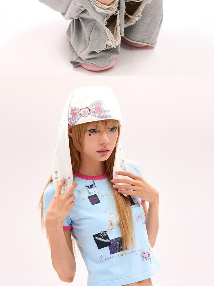 CFIERCE Cute Cartoon Bow Accent Casual Unisex Youth Onesize Black Blue White Knit Beanie
