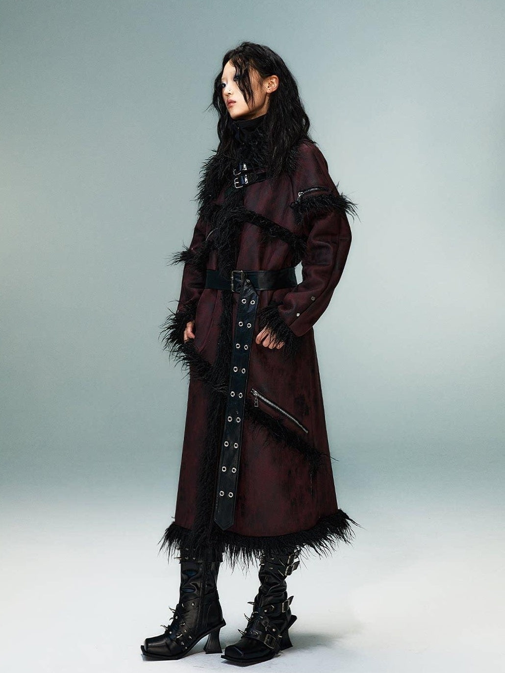 Frustration Garden Thick Oversized Asymmetric Raglan Sleeves Punk Street Women Black Red Long Coats