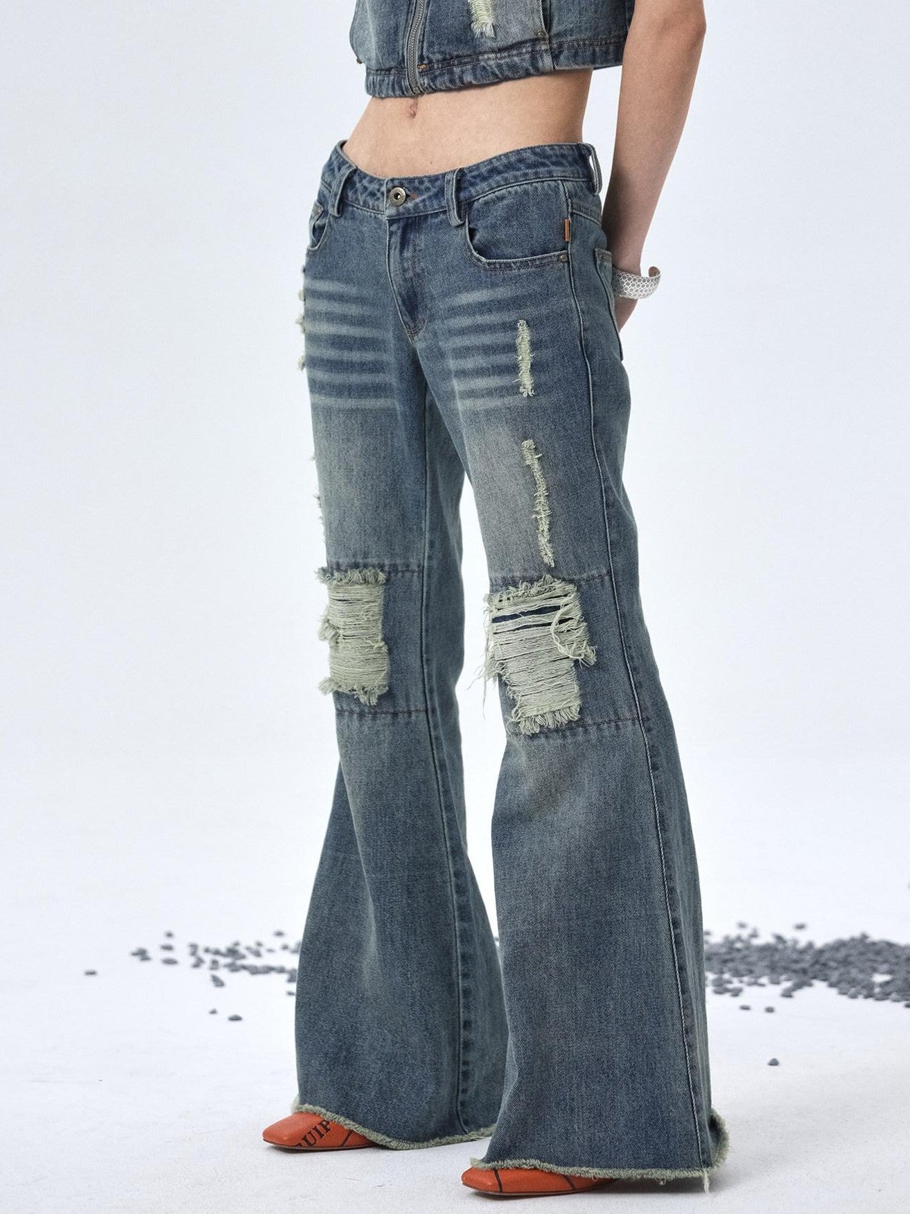 Achihara Vintage Washed Distressed Ripped Low Rise Women'S Denim Flare Jeans