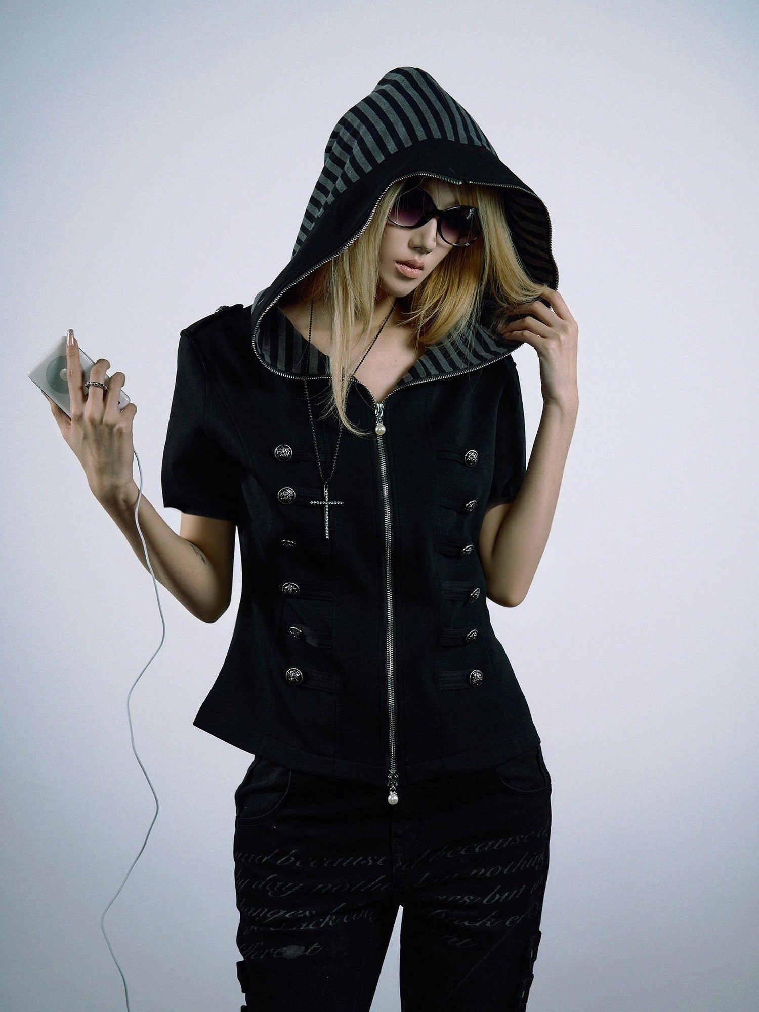 PAIKI 3D Sorona Slim Fit Punk Zip Hood Stripe Unisex Black Short Sleeve T-Shirts