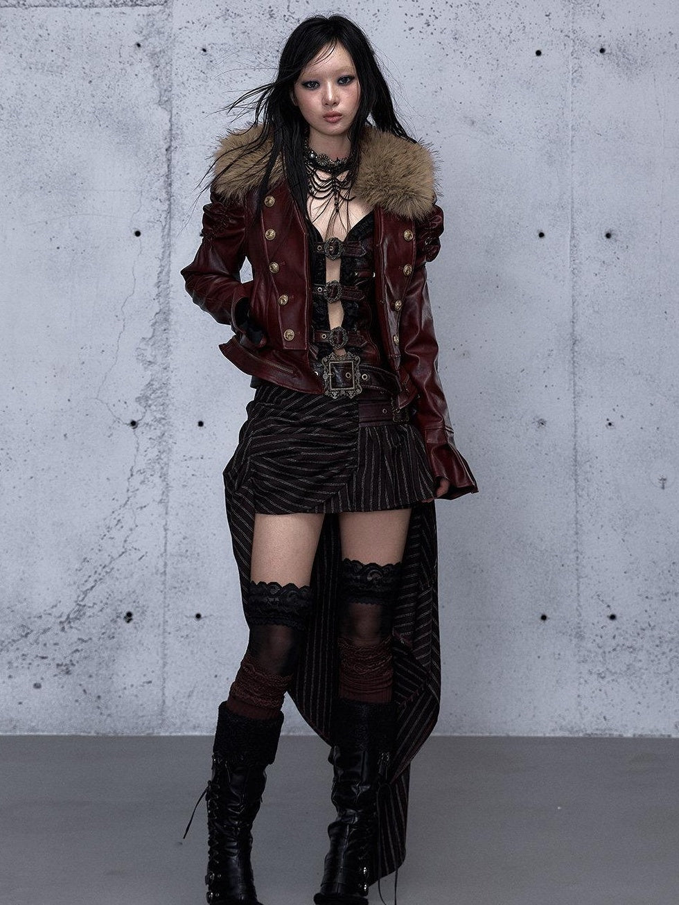 NO ROMANCE Removable Punk Style Regular Fit Women Burgundy Button Front Casual Jackets