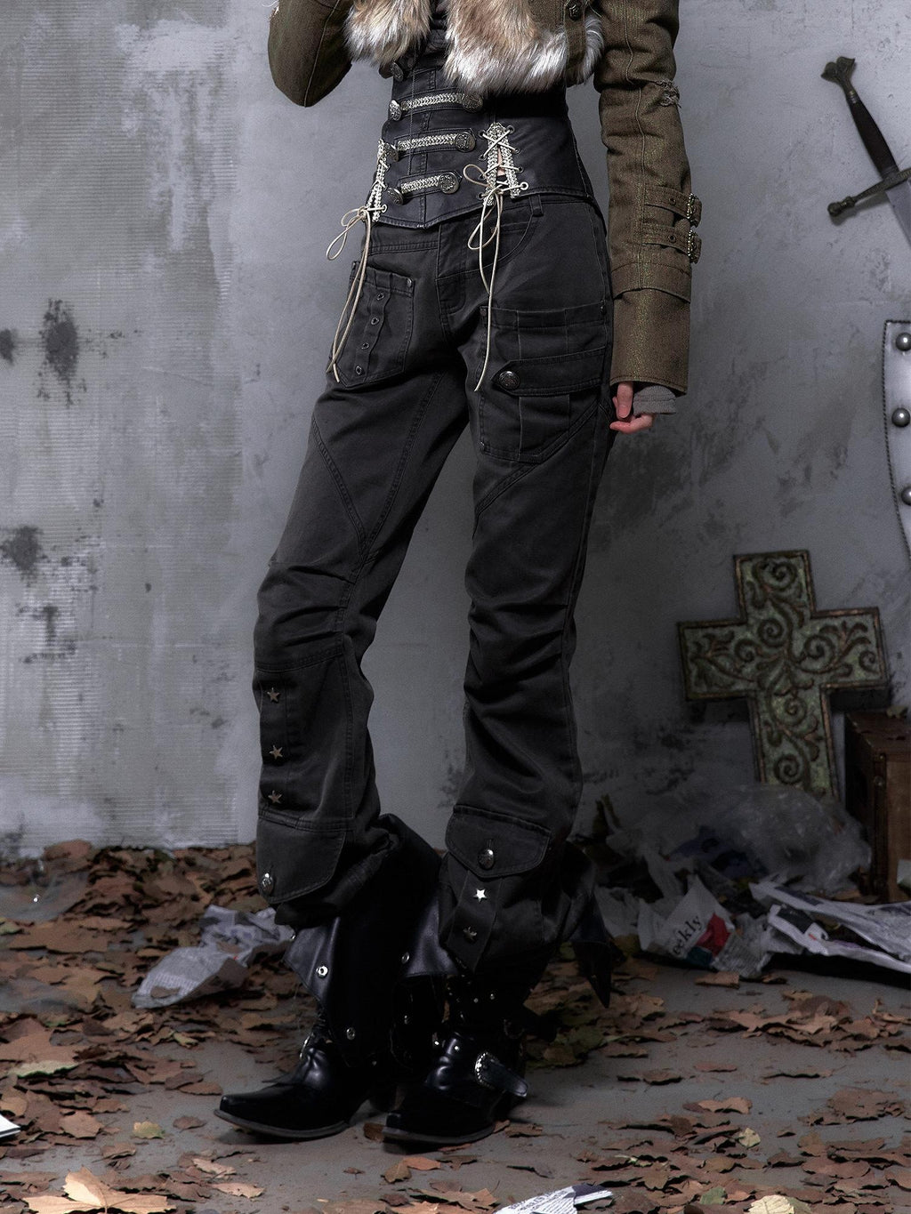 NO ROMANCE Pleated Button Mid Low Rise Subtle Flare Dark Grunge Women Chinos