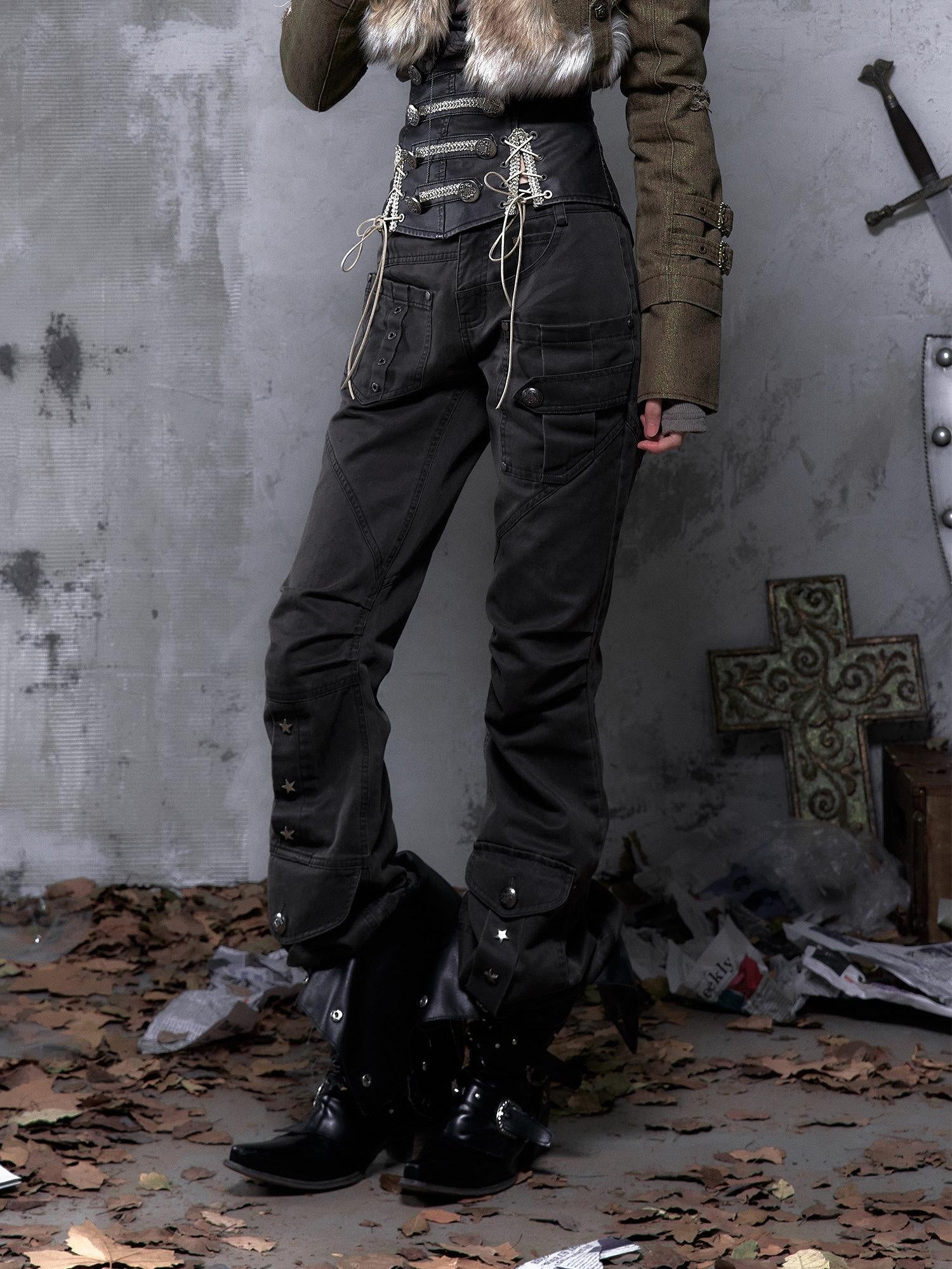 NO ROMANCE Pleated Button Mid Low Rise Subtle Flare Dark Grunge Women Chinos