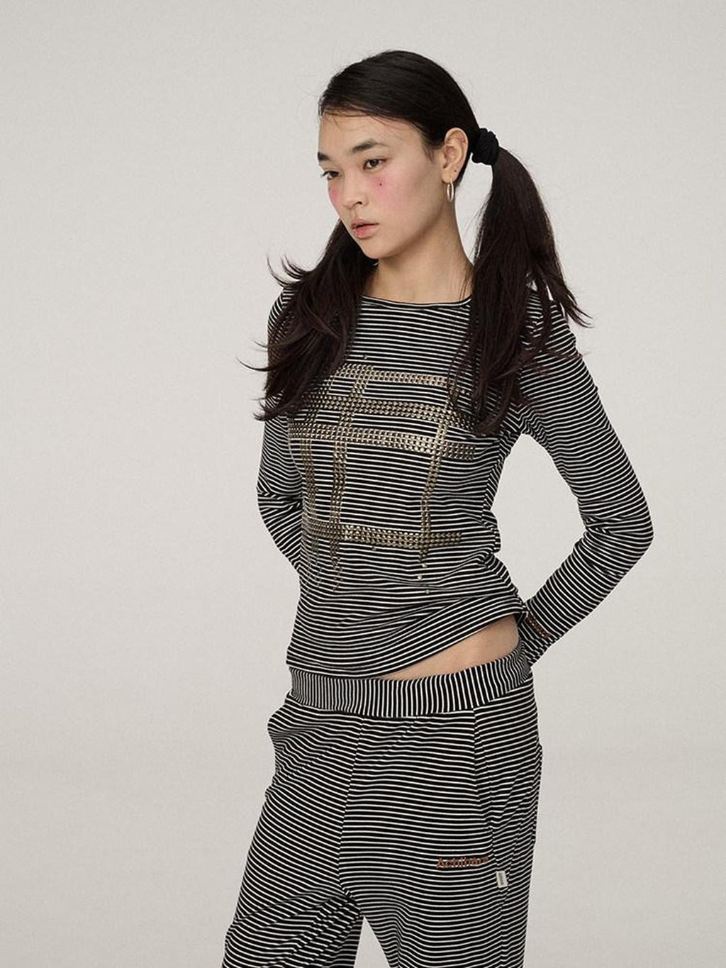 Achihara Black White Striped Slim Cropped Round Neck Women'S Long Sleeve T-Shirts