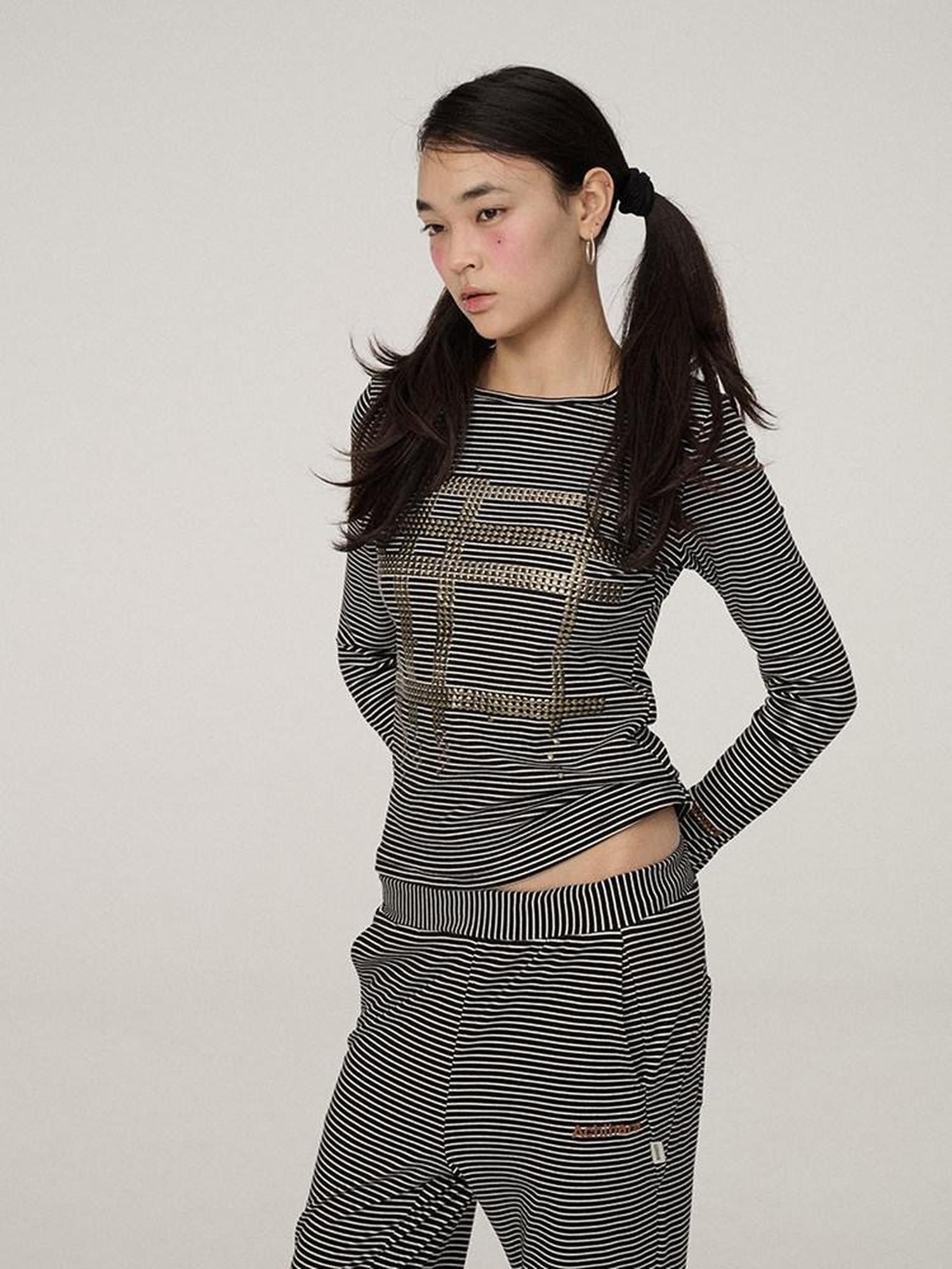Achihara Black White Striped Slim Cropped Round Neck Women'S Long Sleeve T-Shirts