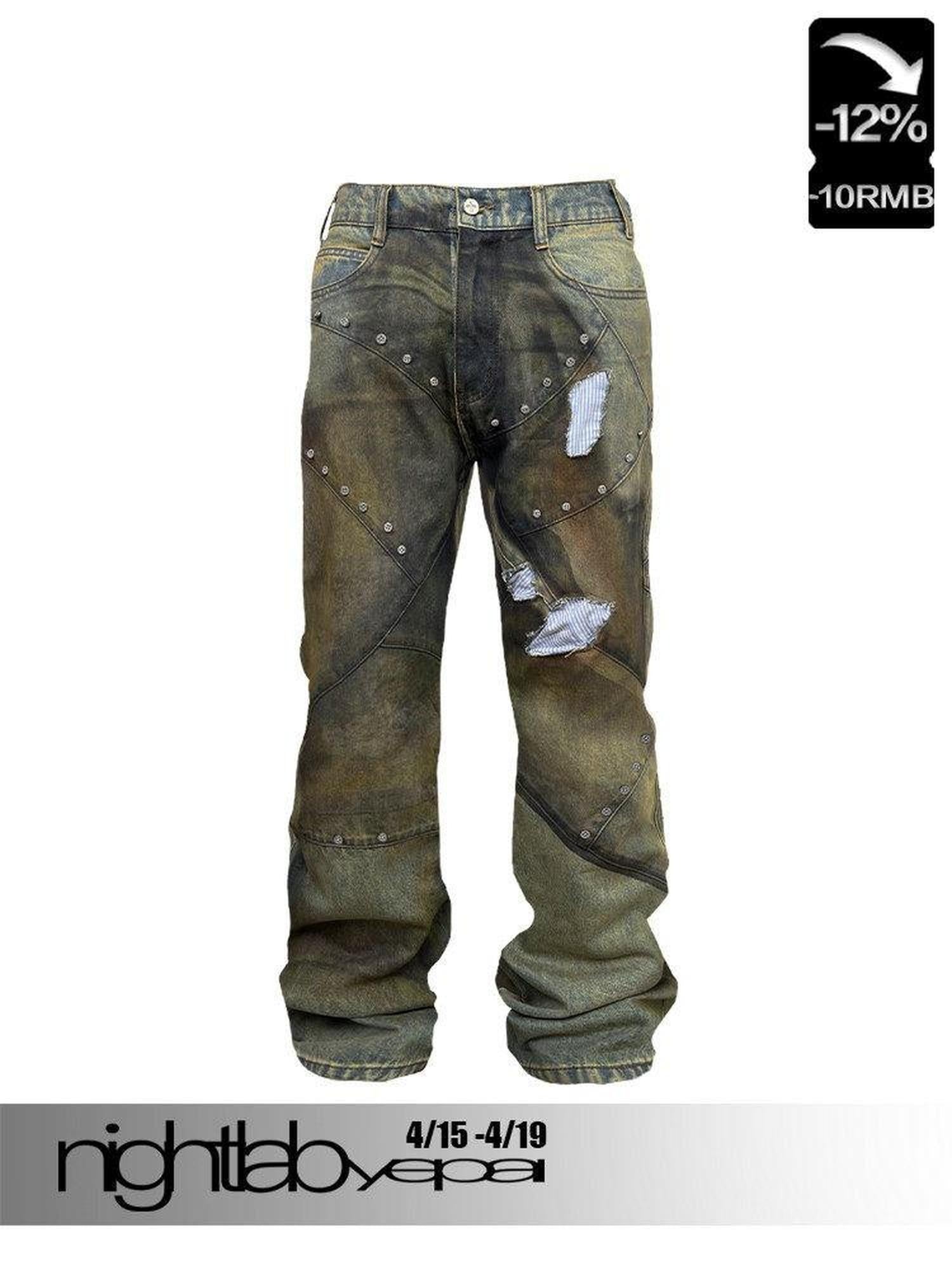 Night Lab Ripped Patchwork Enzyme Wash Low Rise Loose Cotton Straight Jeans