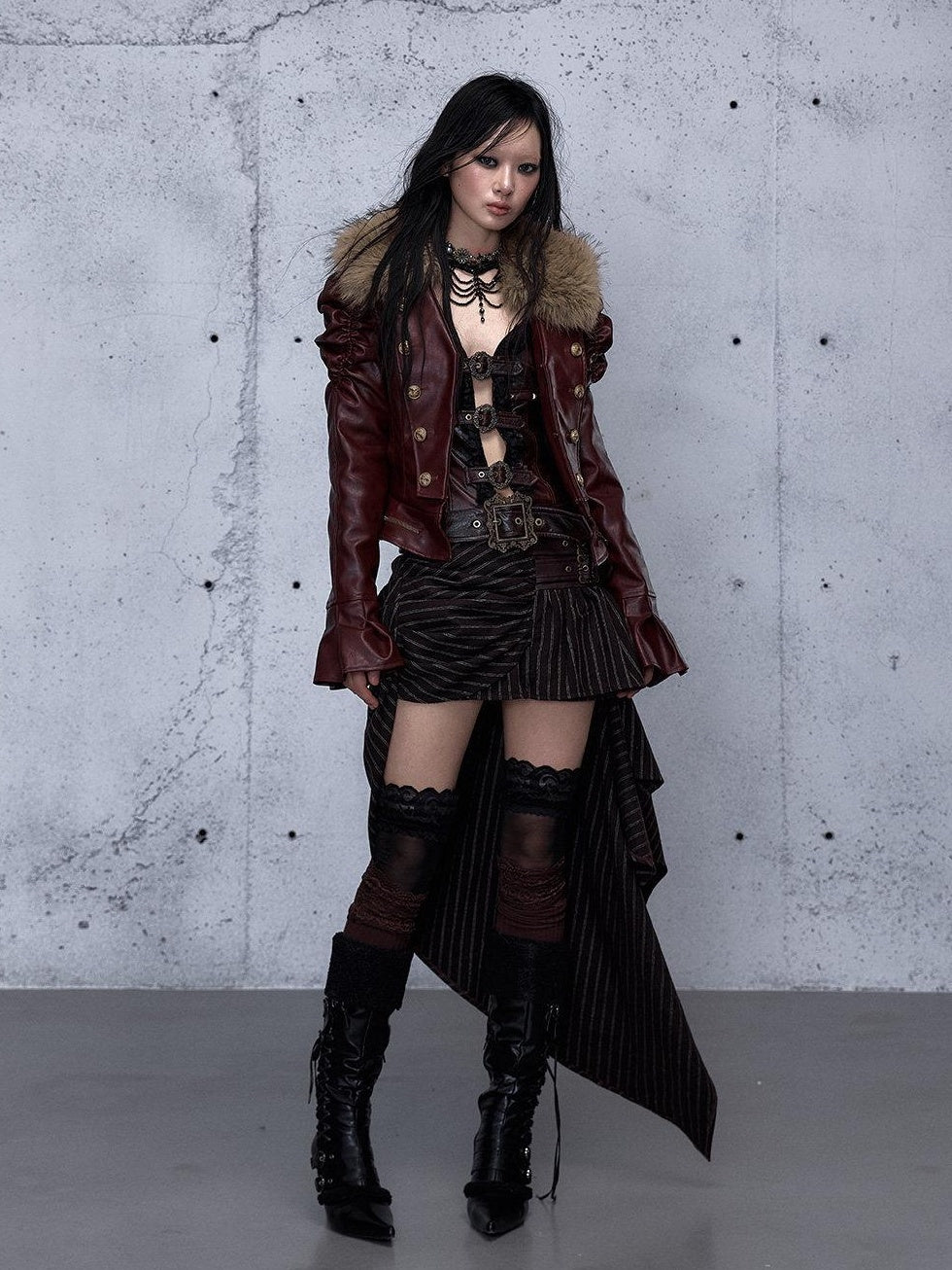 NO ROMANCE Removable Punk Style Regular Fit Women Burgundy Button Front Casual Jackets