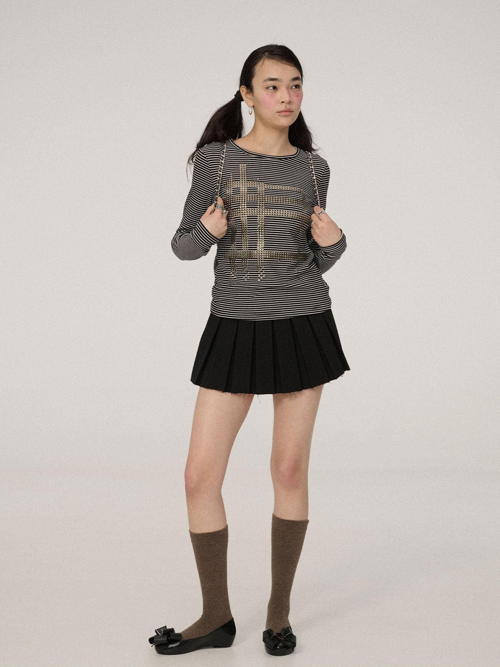 Achihara Black White Striped Slim Cropped Round Neck Women'S Long Sleeve T-Shirts