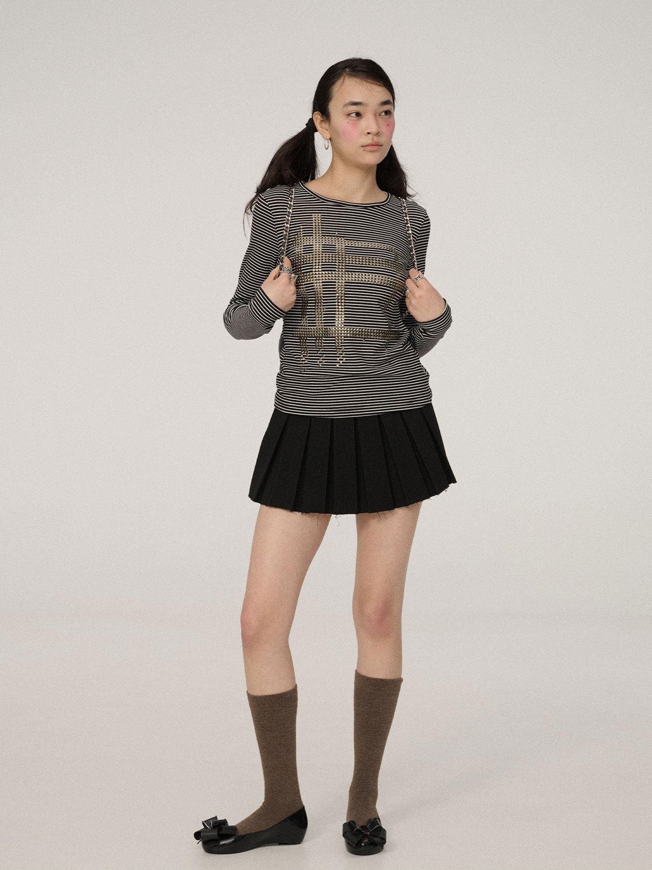 Achihara Black White Striped Slim Cropped Round Neck Women'S Long Sleeve T-Shirts