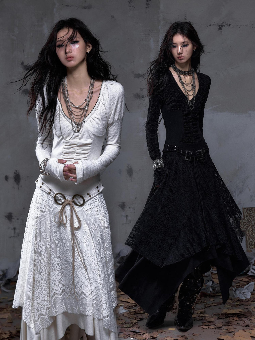 NO ROMANCE Regal V-neck Knit Puff Sleeve Asymmetric Hem Women City Walk Casual Midi Dresses