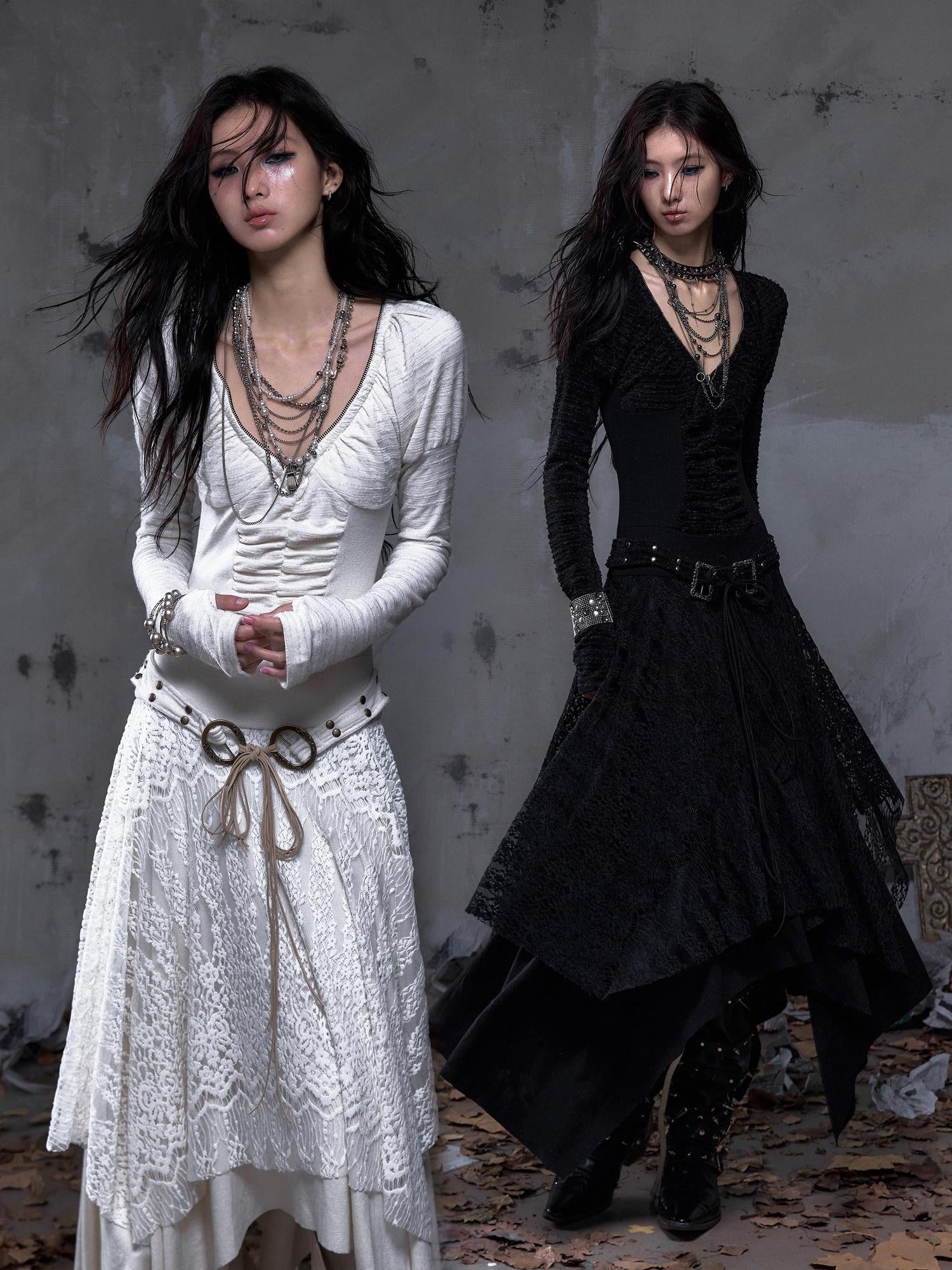 NO ROMANCE Regal V-neck Knit Puff Sleeve Asymmetric Hem Women City Walk Casual Midi Dresses