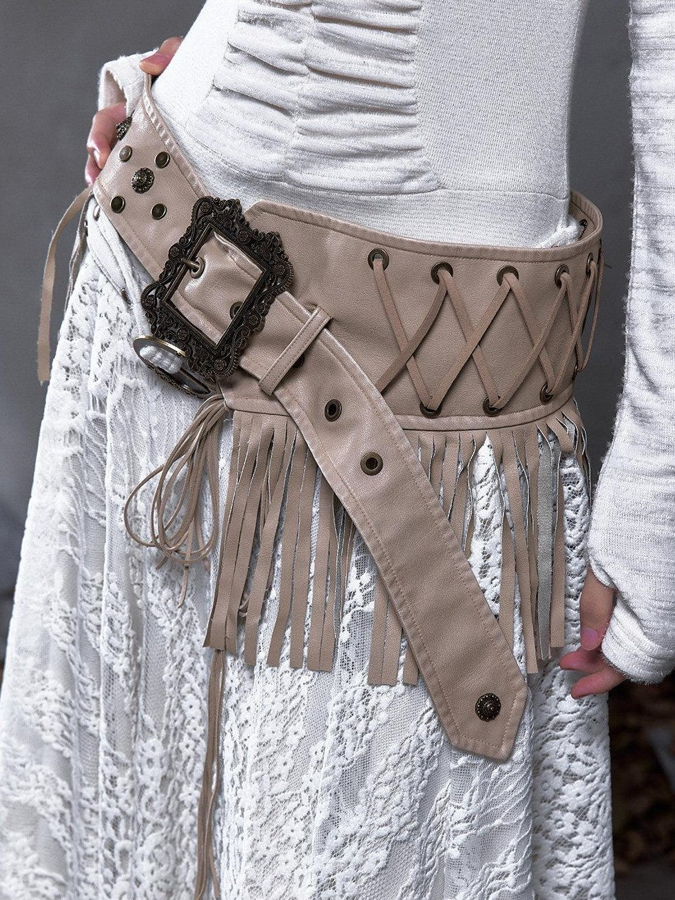 NO ROMANCE Leather Tassel Accent Vintage Punk Pin Buckle Women Metal Hardware Belts