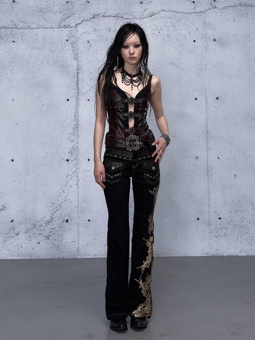 NO ROMANCE Rhinestone Low Rise Slim Fit Modern Patchwork Floral Mid Stretch Flare Jeans