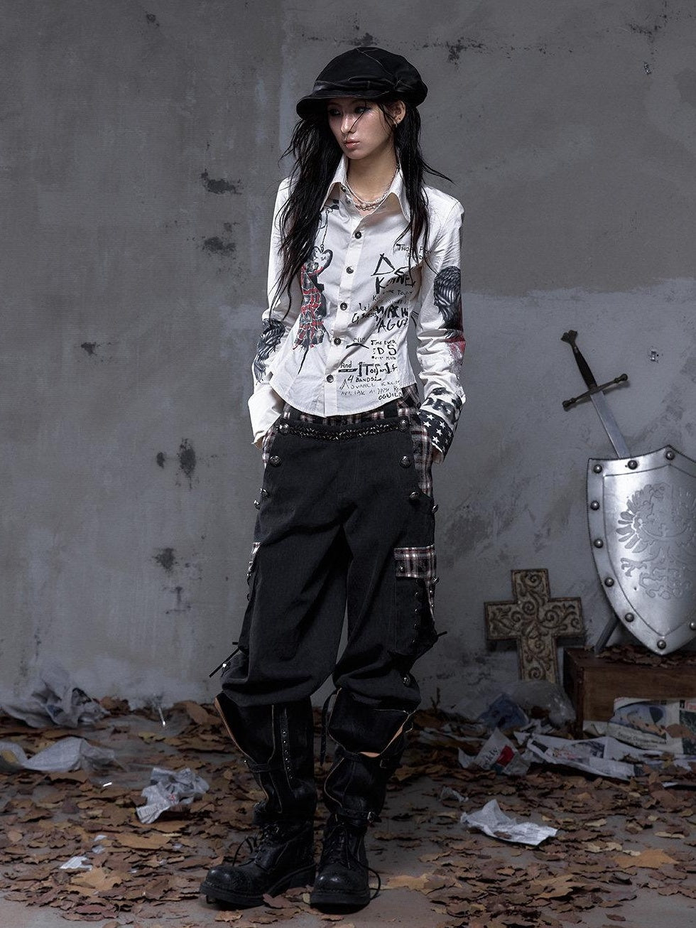 NO ROMANCE Pure Cotton Punk Patchwork Loose Fit Natural Waist Button Fly Women Pants Chinos