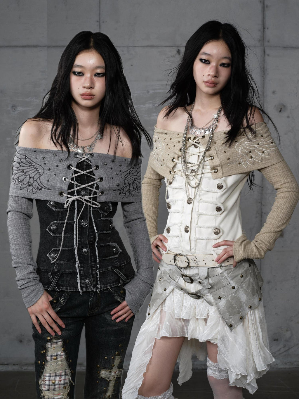 NO ROMANCE Vintage Patchwork Rhinestone Knit Women Washed Gray Long Sleeve T-Shirts