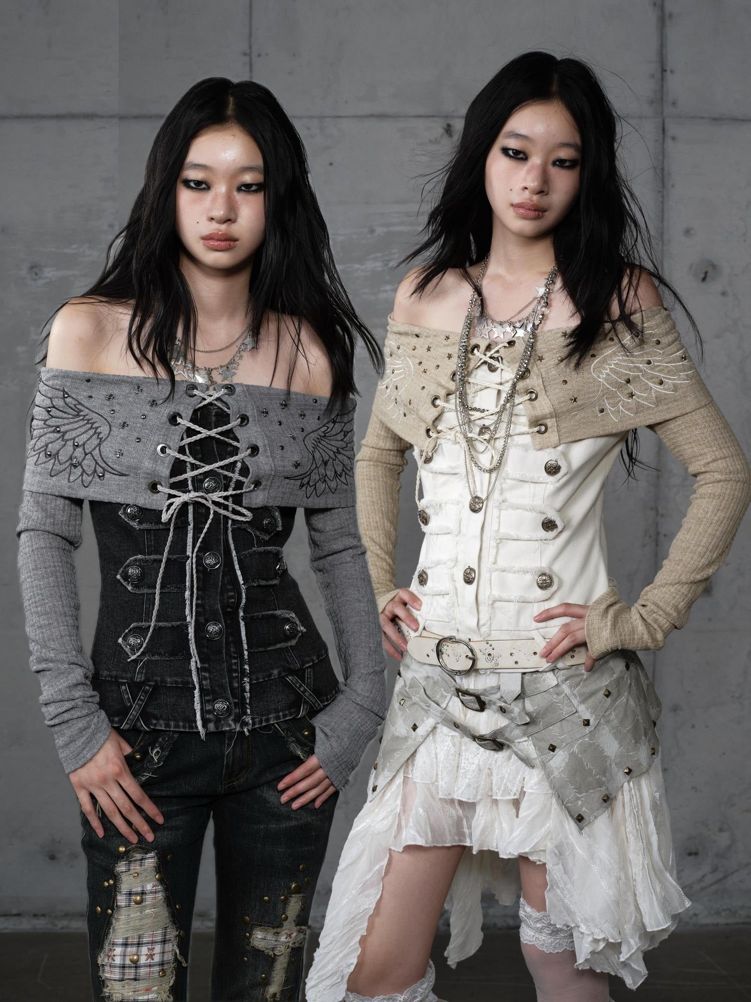 NO ROMANCE Vintage Patchwork Rhinestone Knit Women Washed Gray Long Sleeve T-Shirts