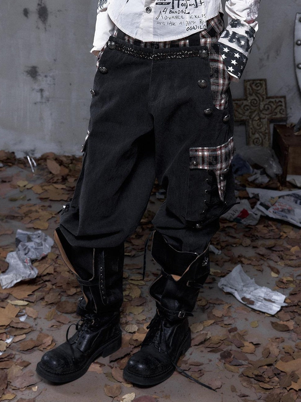 NO ROMANCE Pure Cotton Punk Patchwork Loose Fit Natural Waist Button Fly Women Pants Chinos
