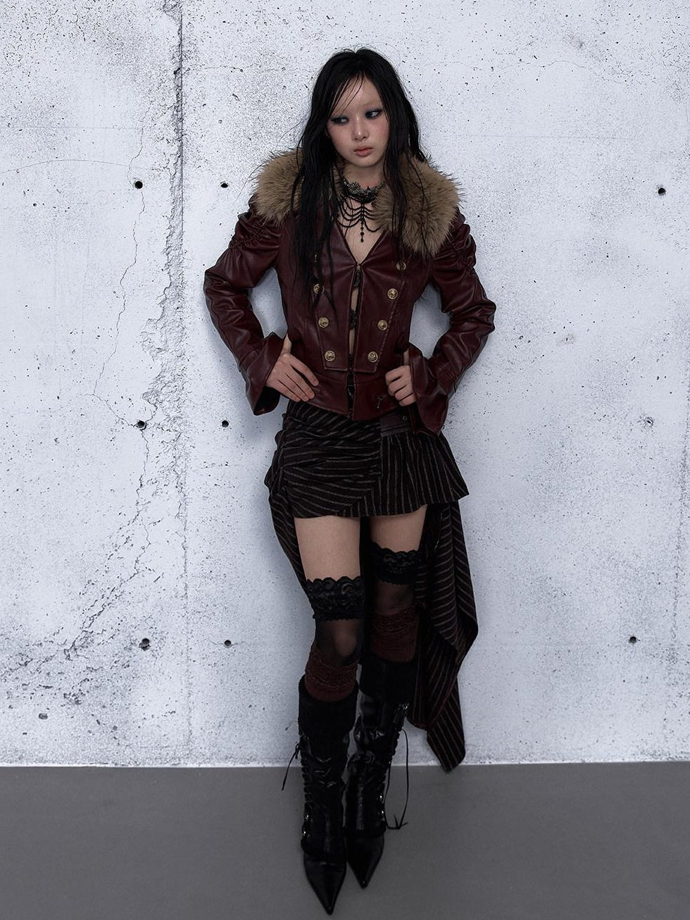 NO ROMANCE Removable Punk Style Regular Fit Women Burgundy Button Front Casual Jackets