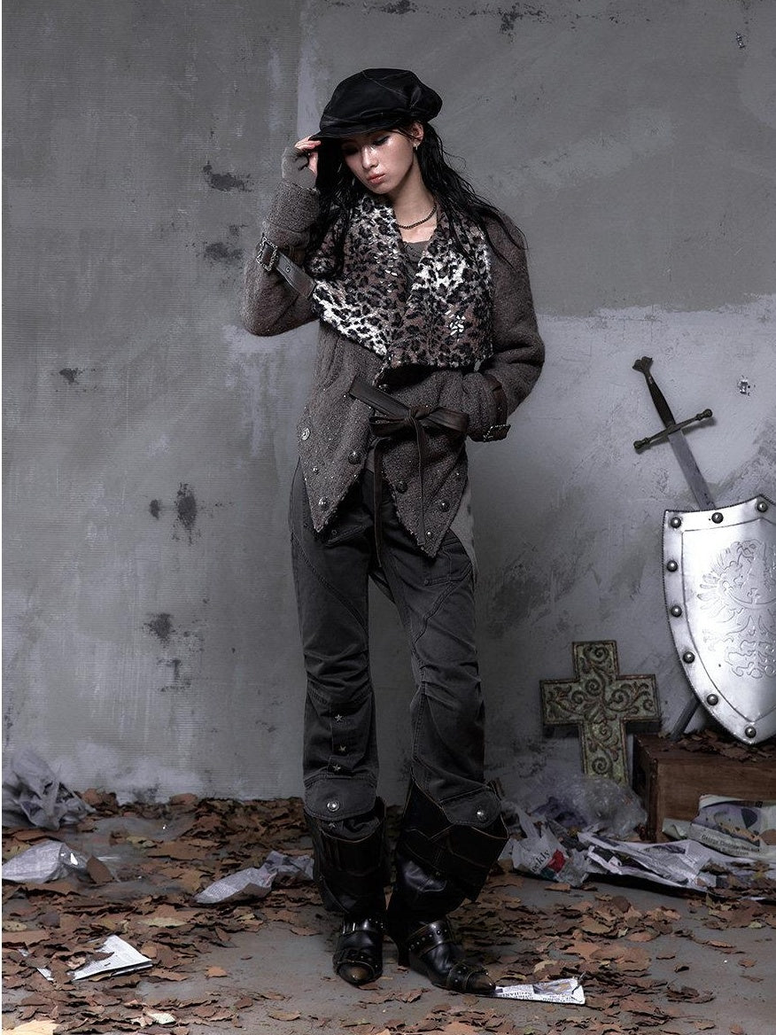 NO ROMANCE Pleated Button Mid Low Rise Subtle Flare Dark Grunge Women Chinos