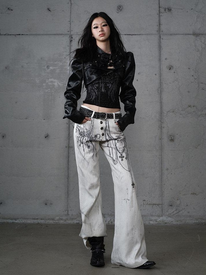 NO ROMANCE Dyed Punk Washed White Loose Fit Natural Waist Cotton Women Wide-Leg Jeans