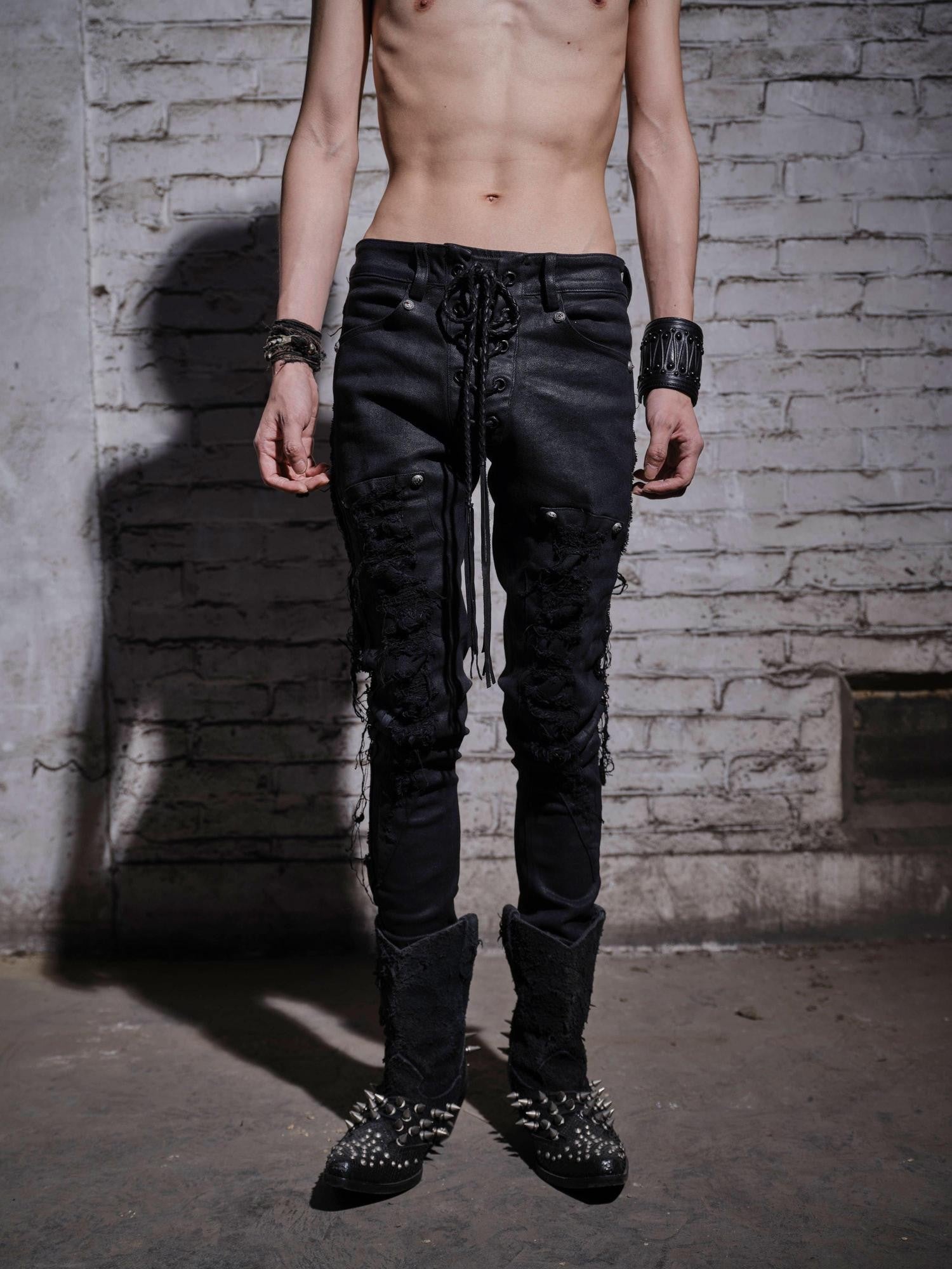 The space between Us Scar Detail Distressed Drawstring Slim Fitted Women's Waxed Skinny Pants