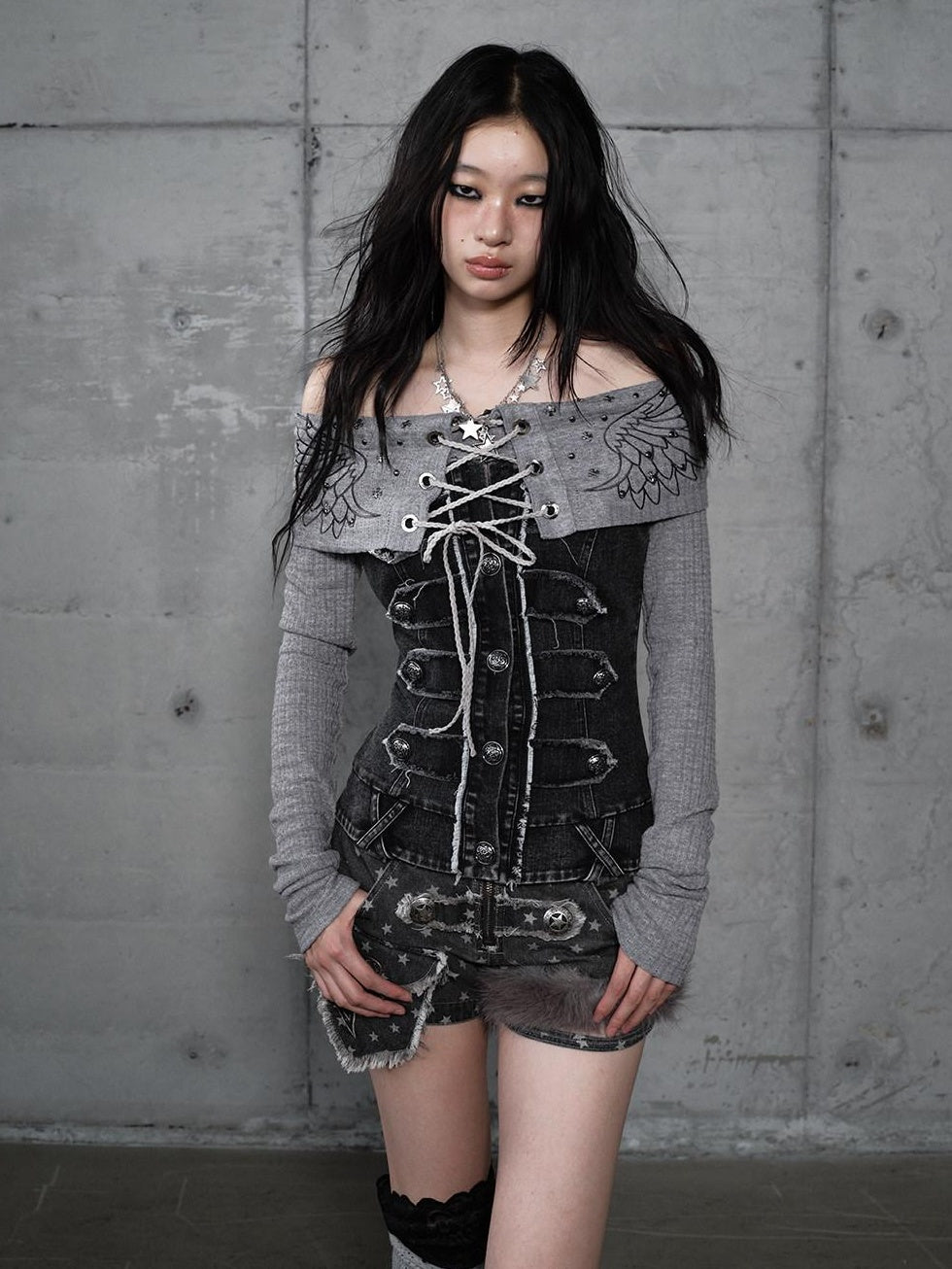 NO ROMANCE Vintage Patchwork Rhinestone Knit Women Washed Gray Long Sleeve T-Shirts