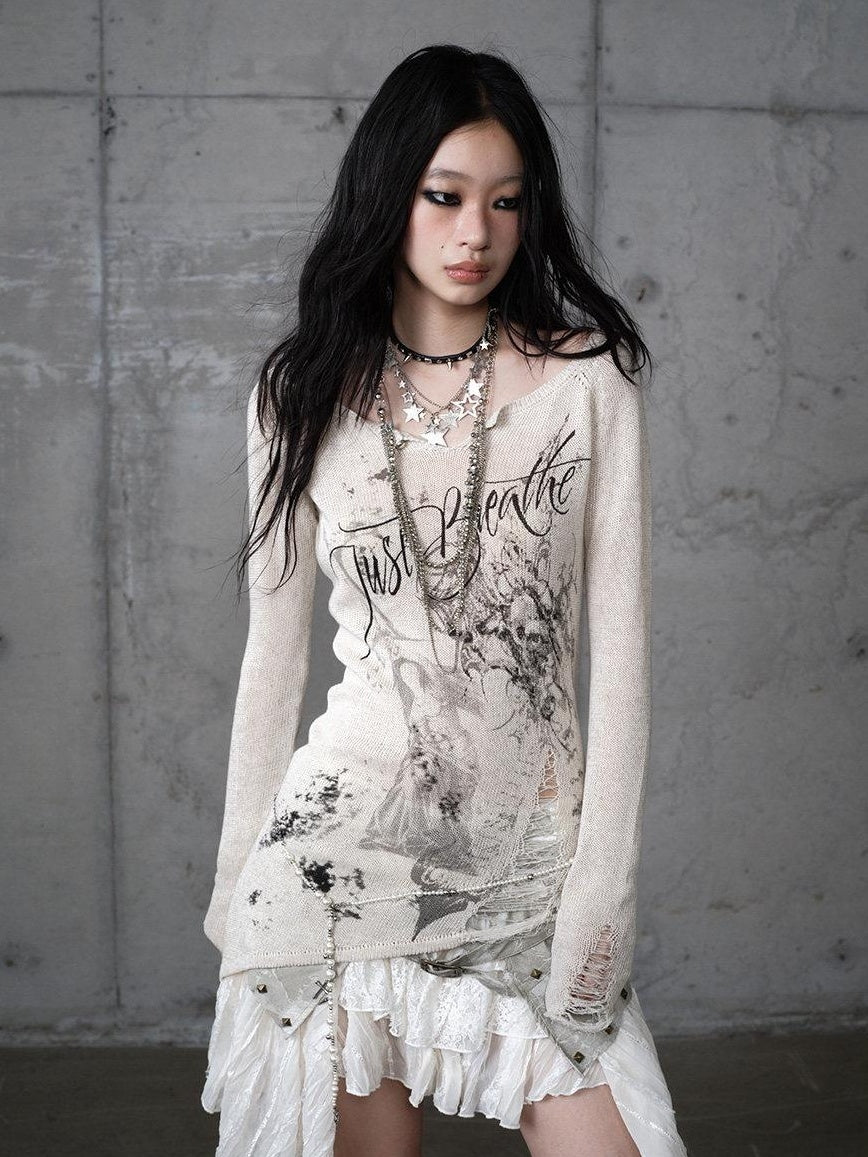 NO ROMANCE Soft Slim Punk V-neck Reversible Distressed Polyester Women Long Sleeve T-Shirts