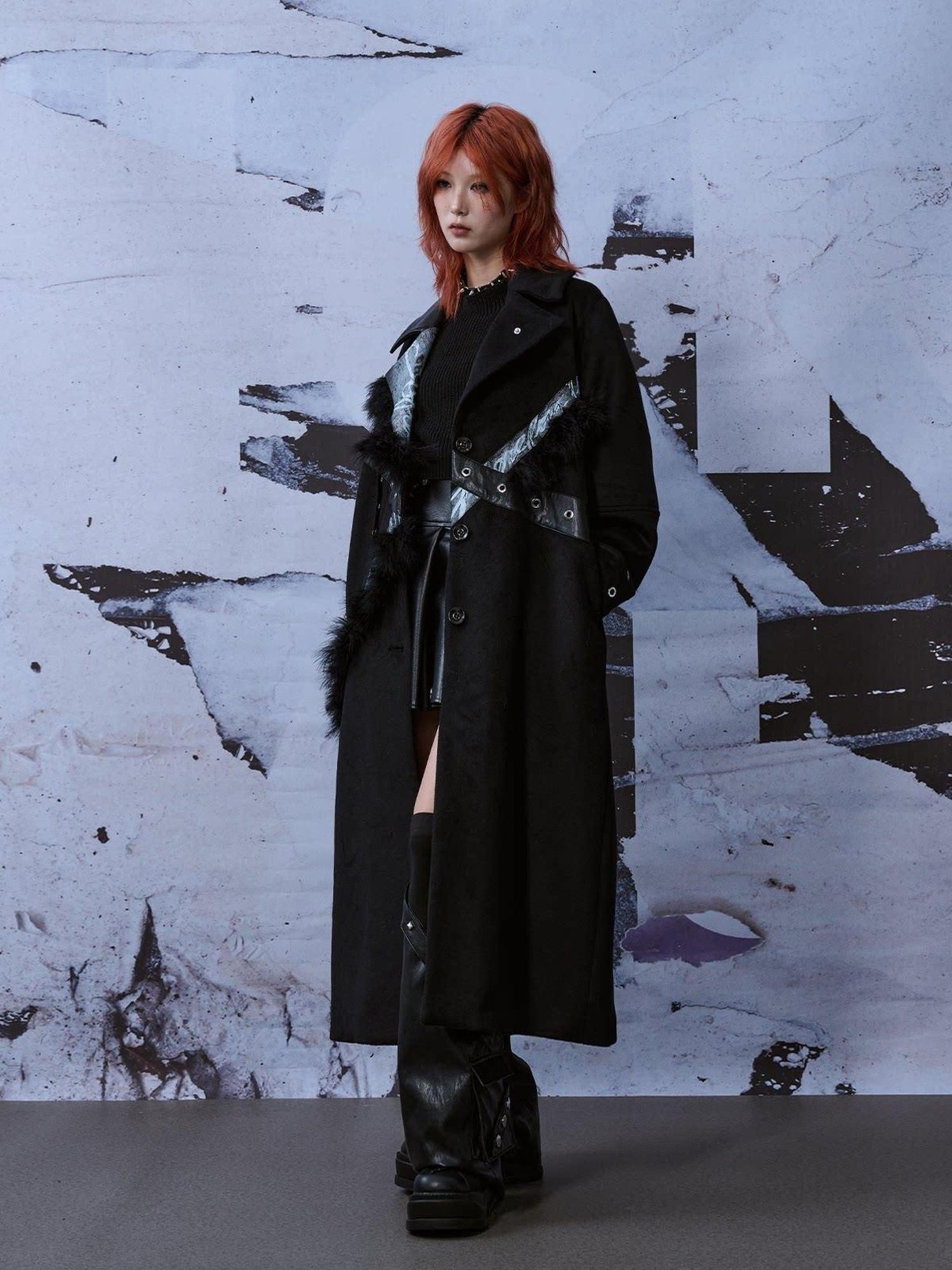 Frustration Garden Punk Street Straight Long Blazer Collar Patchwork Asymmetrical Youth Wool Coats