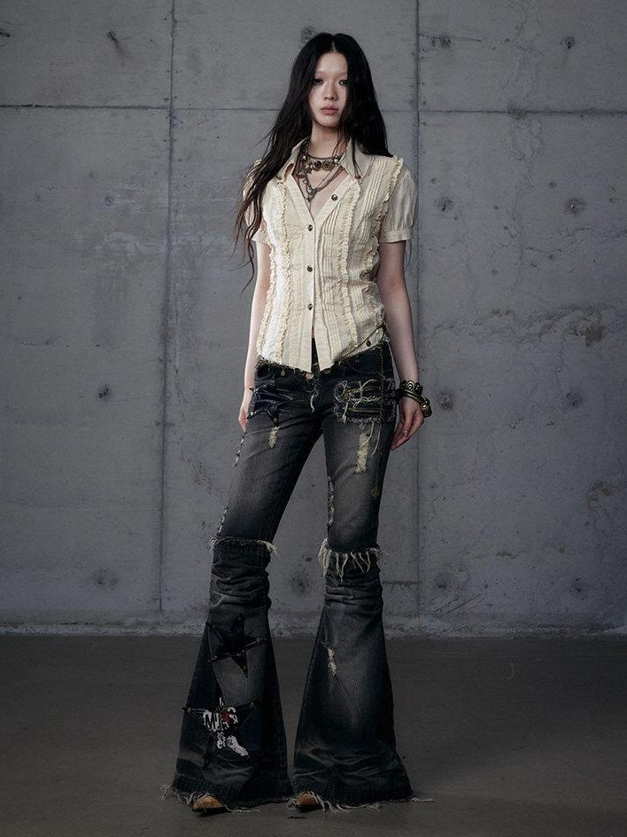 NO ROMANCE Vintage Washed Black Star Print High Waist Slim Fit Women Jeans Flare Jeans