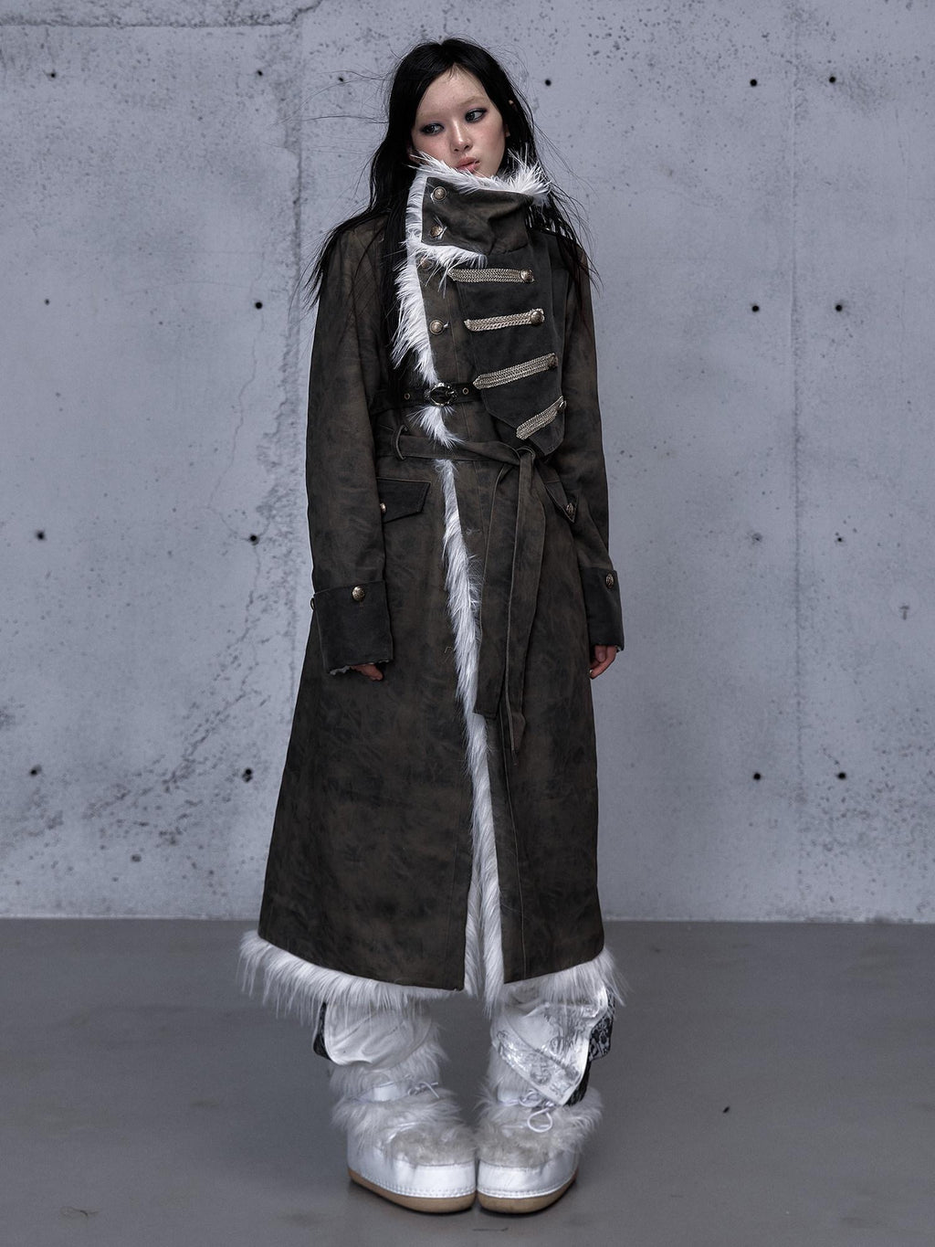 NO ROMANCE Reversible Fur Trim Regal Court Loose Fit Women Black Mint Green Long Coats