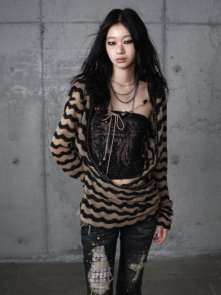 NO ROMANCE Edgy Slim Fit Striped Knit Polyester Long Sleeve Women Layering Cardigans