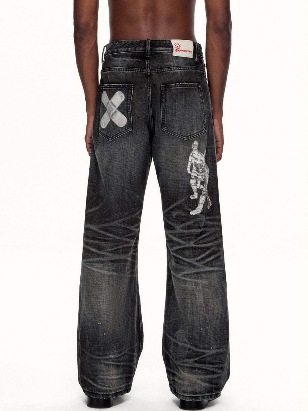 EMOBROTHER Wrinkle Free Whiskered Printed Mid Rise Relaxed Casual Cotton Straight Jeans