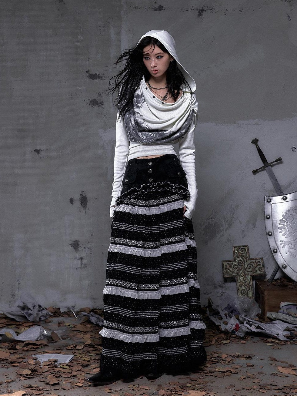 NO ROMANCE High Waist Victorian Lace Patchwork Pu Panel A Line Women Black Maxi Skirts