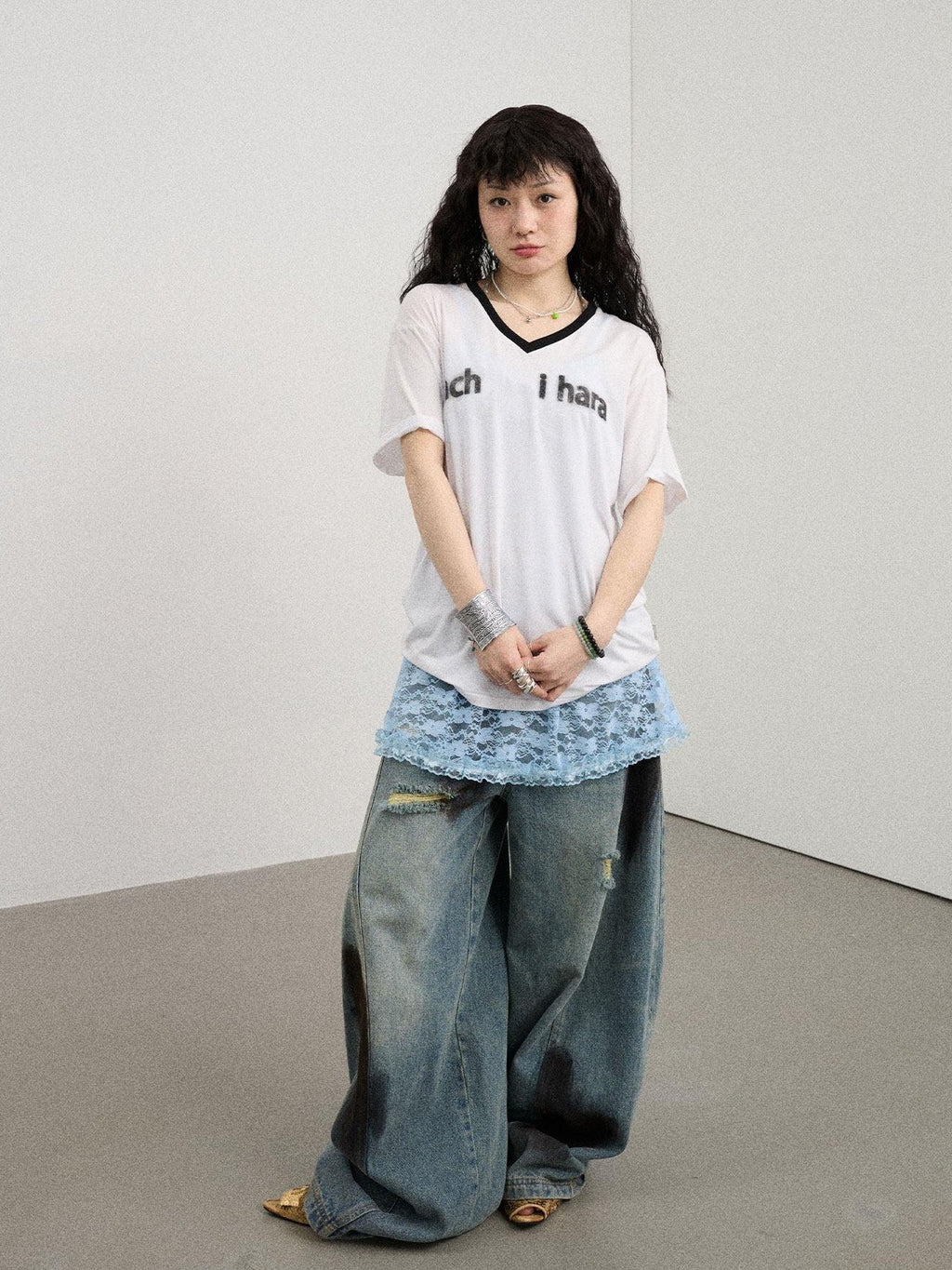 Achihara Ice Block V-neck Loose Letter Print Women'S Lyocell Short Sleeve T-Shirts