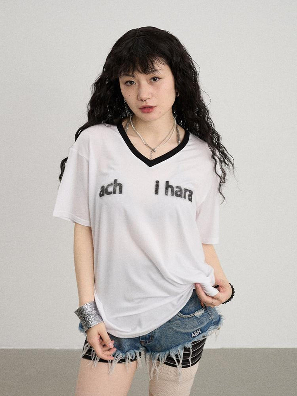 Achihara Ice Block V-neck Loose Letter Print Women'S Lyocell Short Sleeve T-Shirts