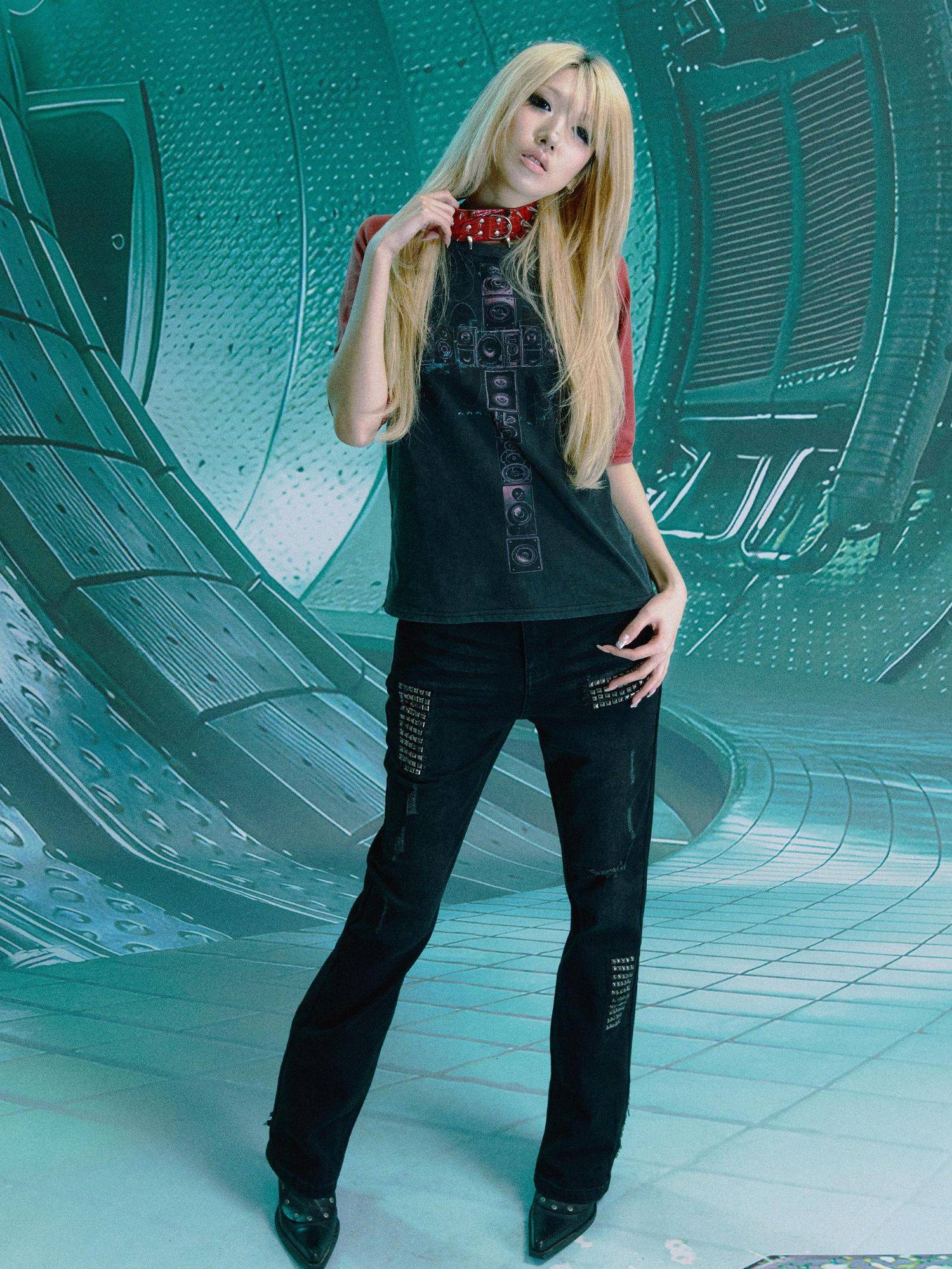 PAIKI Washed Cotton Slim Fit Unisex Audio Cross Print Short Sleeve T-Shirts