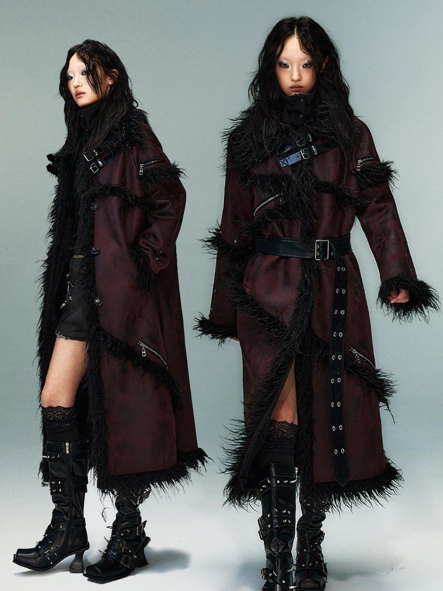 Frustration Garden Thick Oversized Asymmetric Raglan Sleeves Punk Street Women Black Red Long Coats
