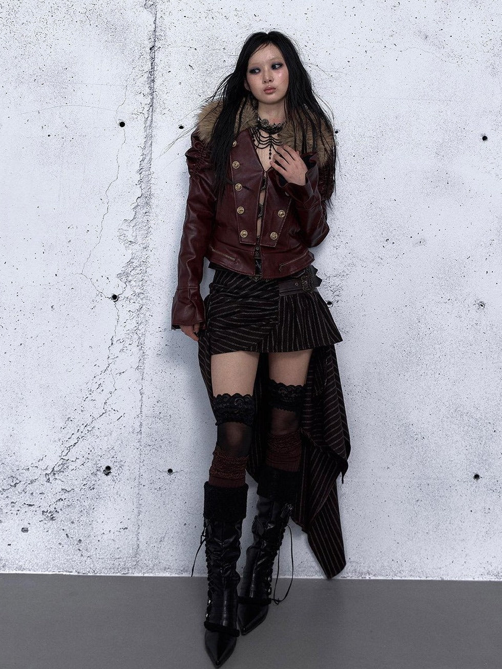 NO ROMANCE Removable Punk Style Regular Fit Women Burgundy Button Front Casual Jackets
