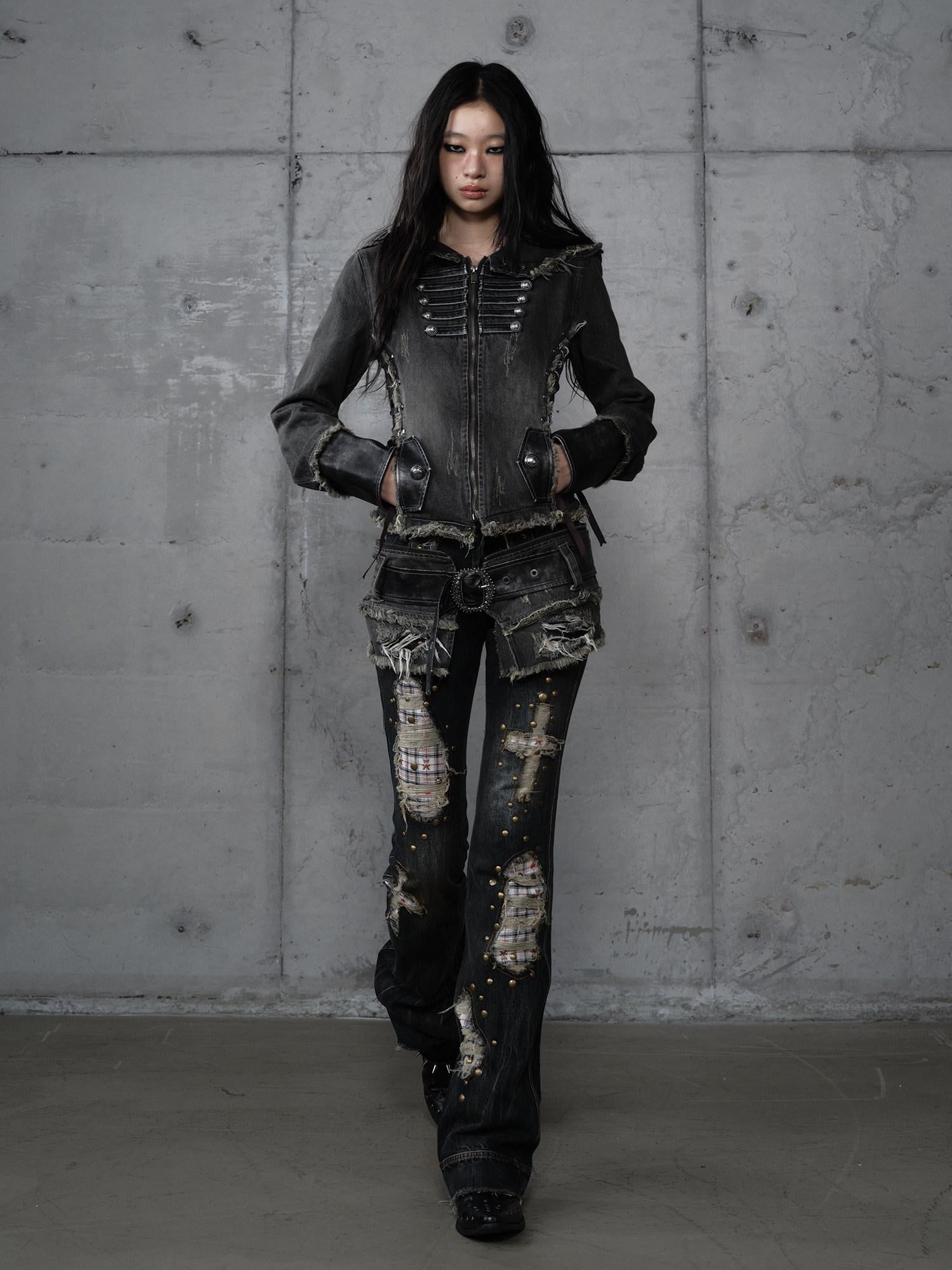 NO ROMANCE Distressed Low Rise Slim Fit Plaid Punk Zipper Denim Women Straight Jeans