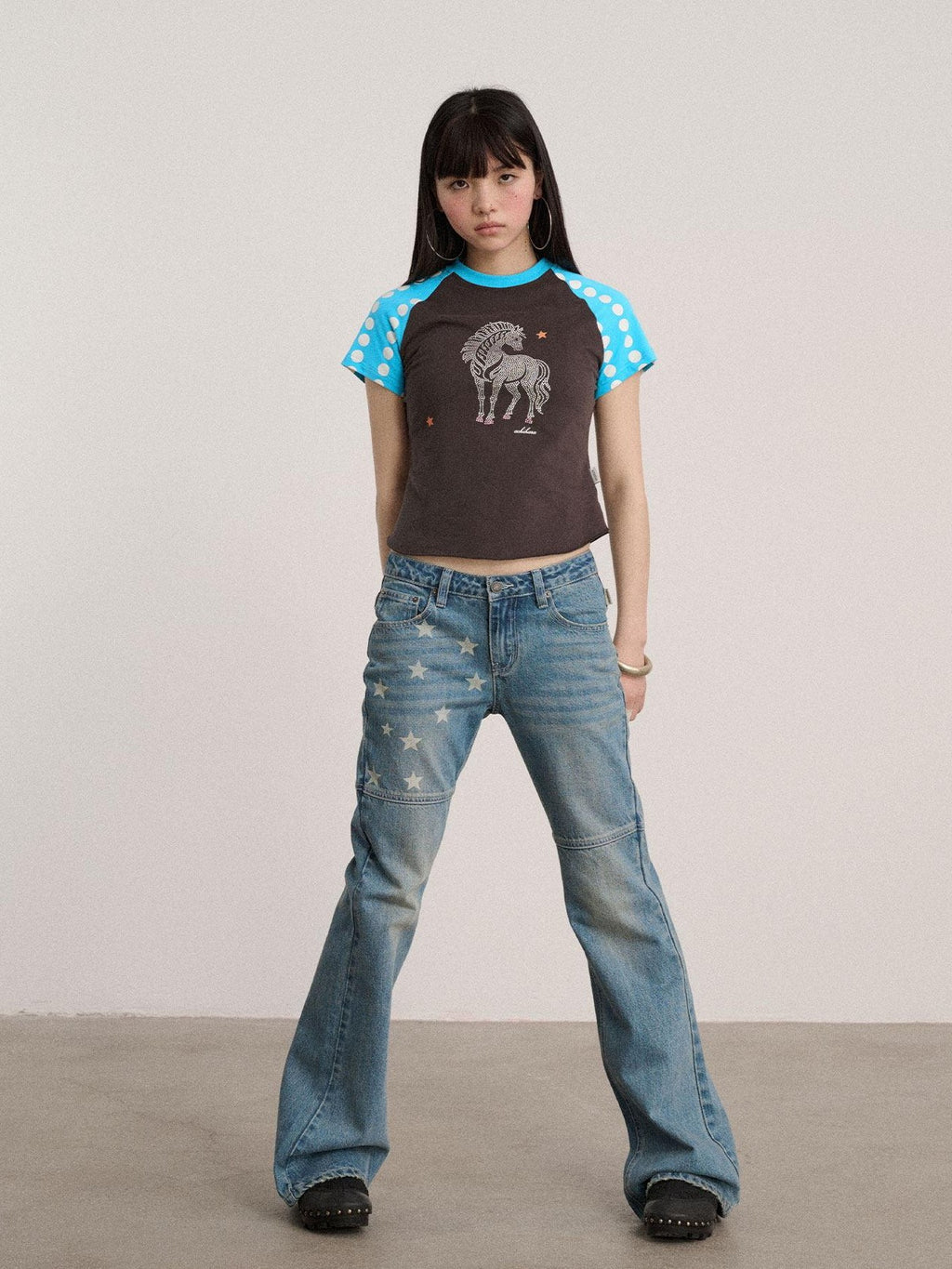 Achihara Polka Dot Contrast Panel Rhinestone Women'S Cotton Blend Short Sleeve T-Shirts