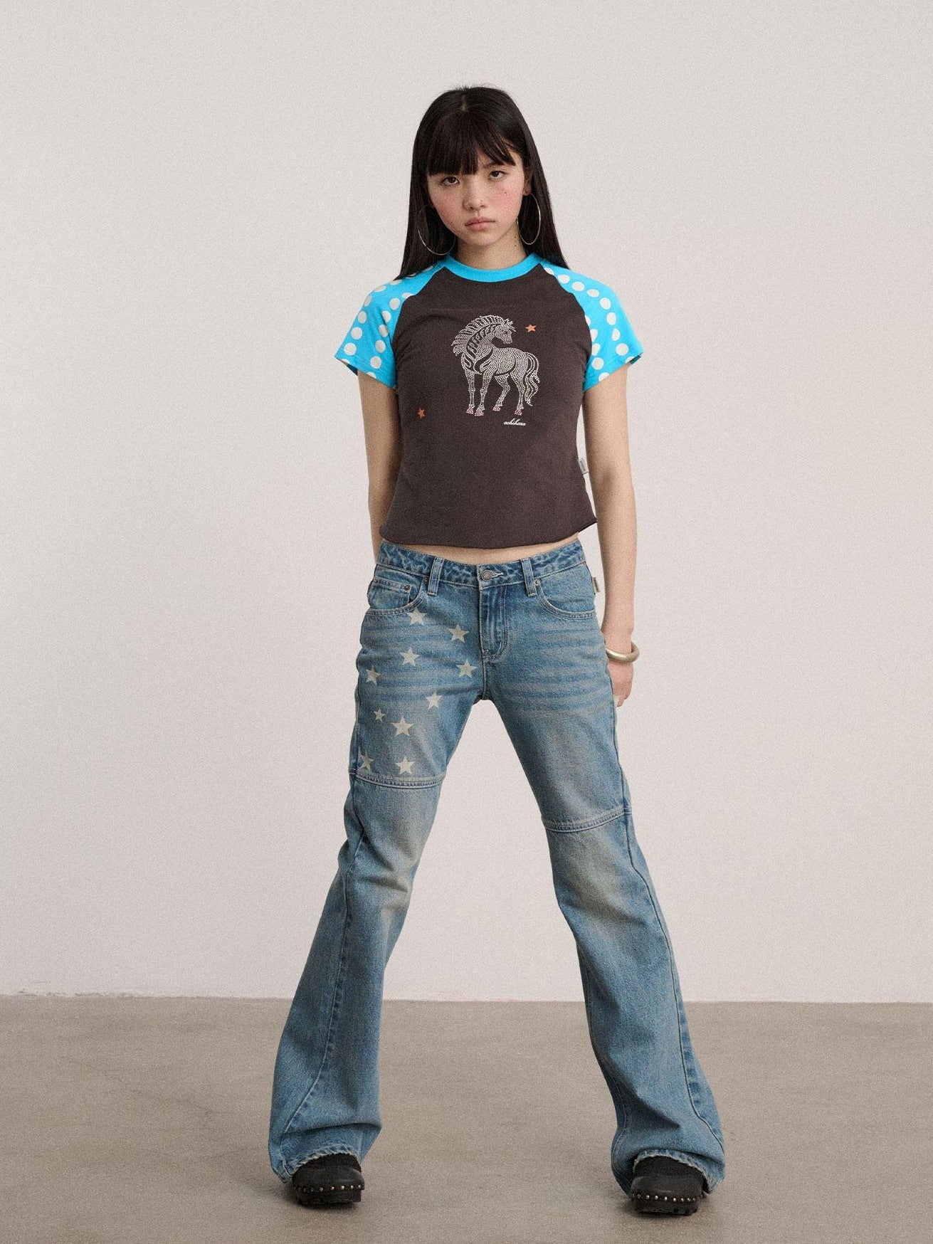 Achihara Polka Dot Contrast Panel Rhinestone Women'S Cotton Blend Short Sleeve T-Shirts
