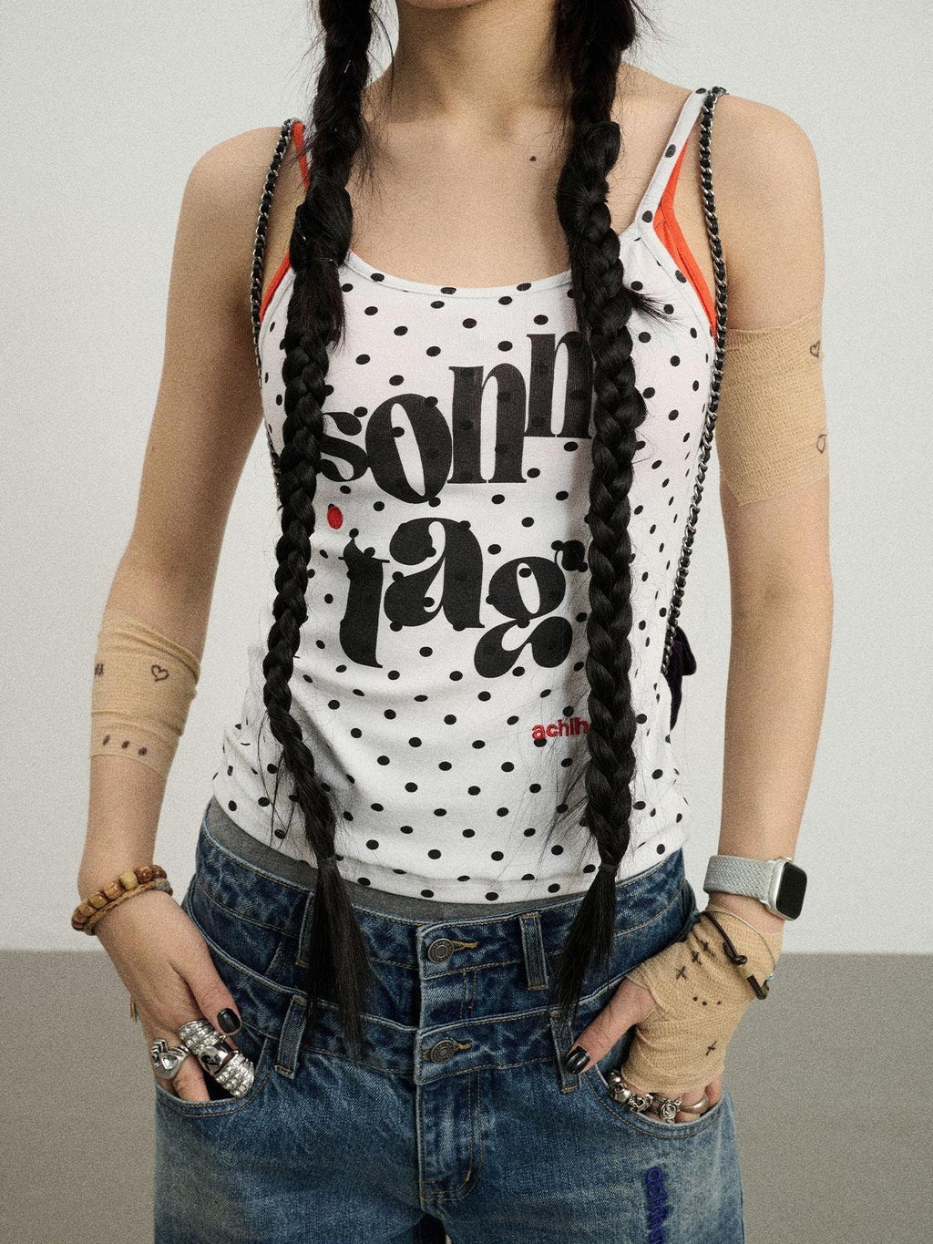 Achihara Polka Dot Letter Print Slim Fit Women'S Viscose Blend Camisoles