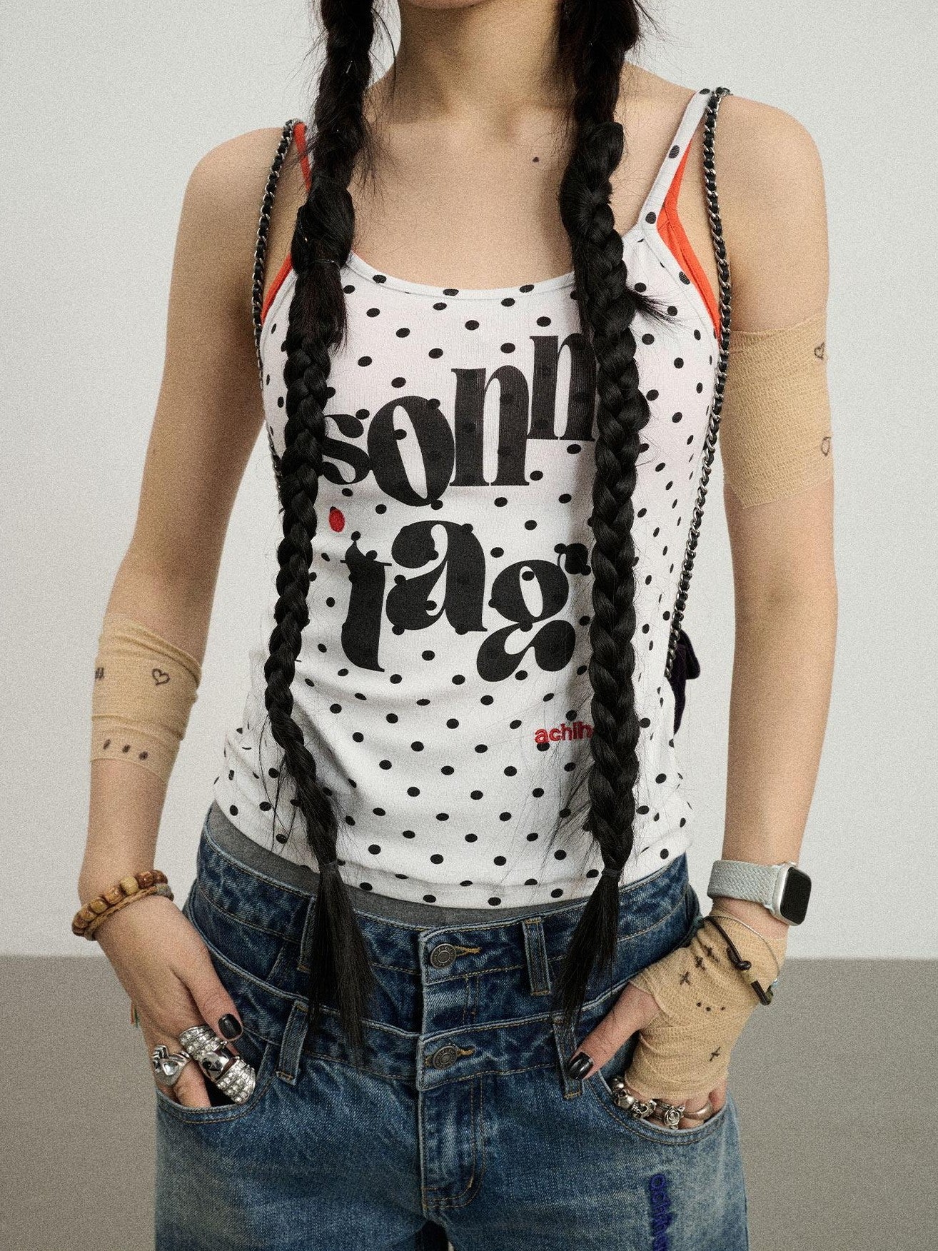 Achihara Polka Dot Letter Print Slim Fit Women'S Viscose Blend Camisoles