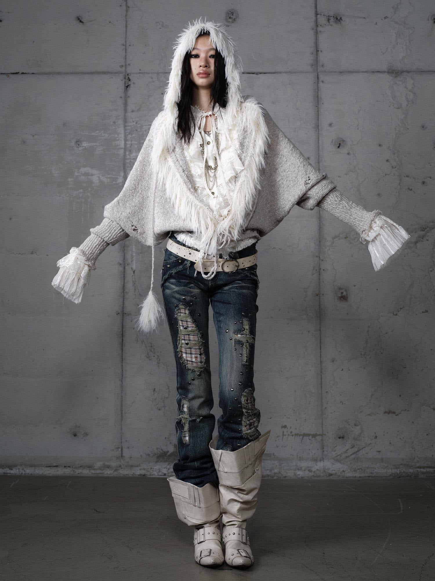 NO ROMANCE Cozy Wool Blend Vintage Loose Fringe Batwing Cardigan Women Knit Sweaters