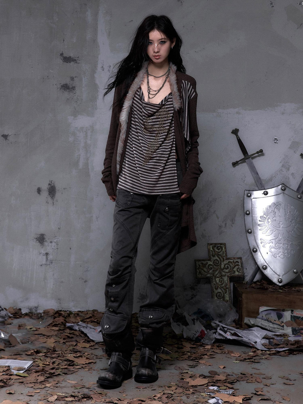 NO ROMANCE Pleated Button Mid Low Rise Subtle Flare Dark Grunge Women Chinos