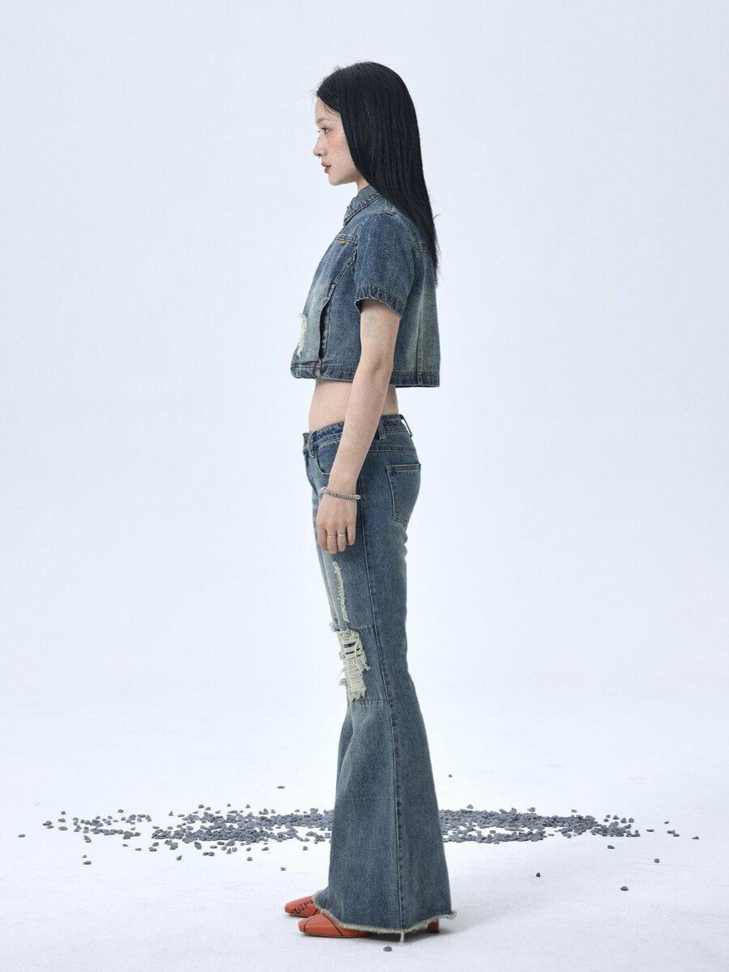 Achihara Vintage Washed Distressed Ripped Low Rise Women'S Denim Flare Jeans
